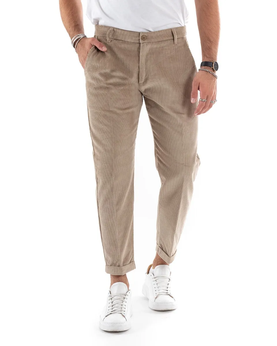 Abito Uomo Doppiopetto Vestito Velluto Completo Giacca Pantaloni Beige Elegante Cerimonia GIOSAL-OU2191A