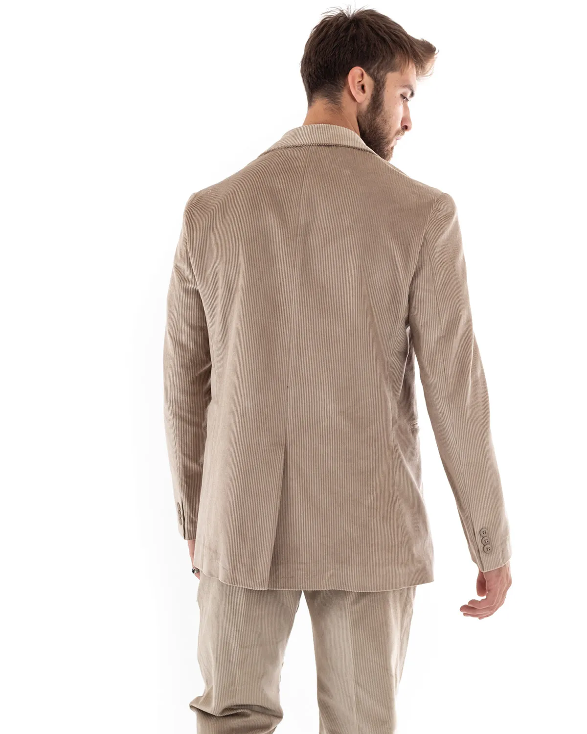 Abito Uomo Doppiopetto Vestito Velluto Completo Giacca Pantaloni Beige Elegante Cerimonia GIOSAL-OU2191A