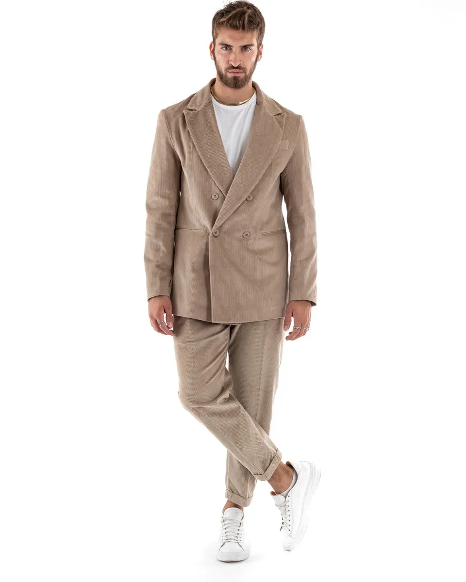 Abito Uomo Doppiopetto Vestito Velluto Completo Giacca Pantaloni Beige Elegante Cerimonia GIOSAL-OU2191A