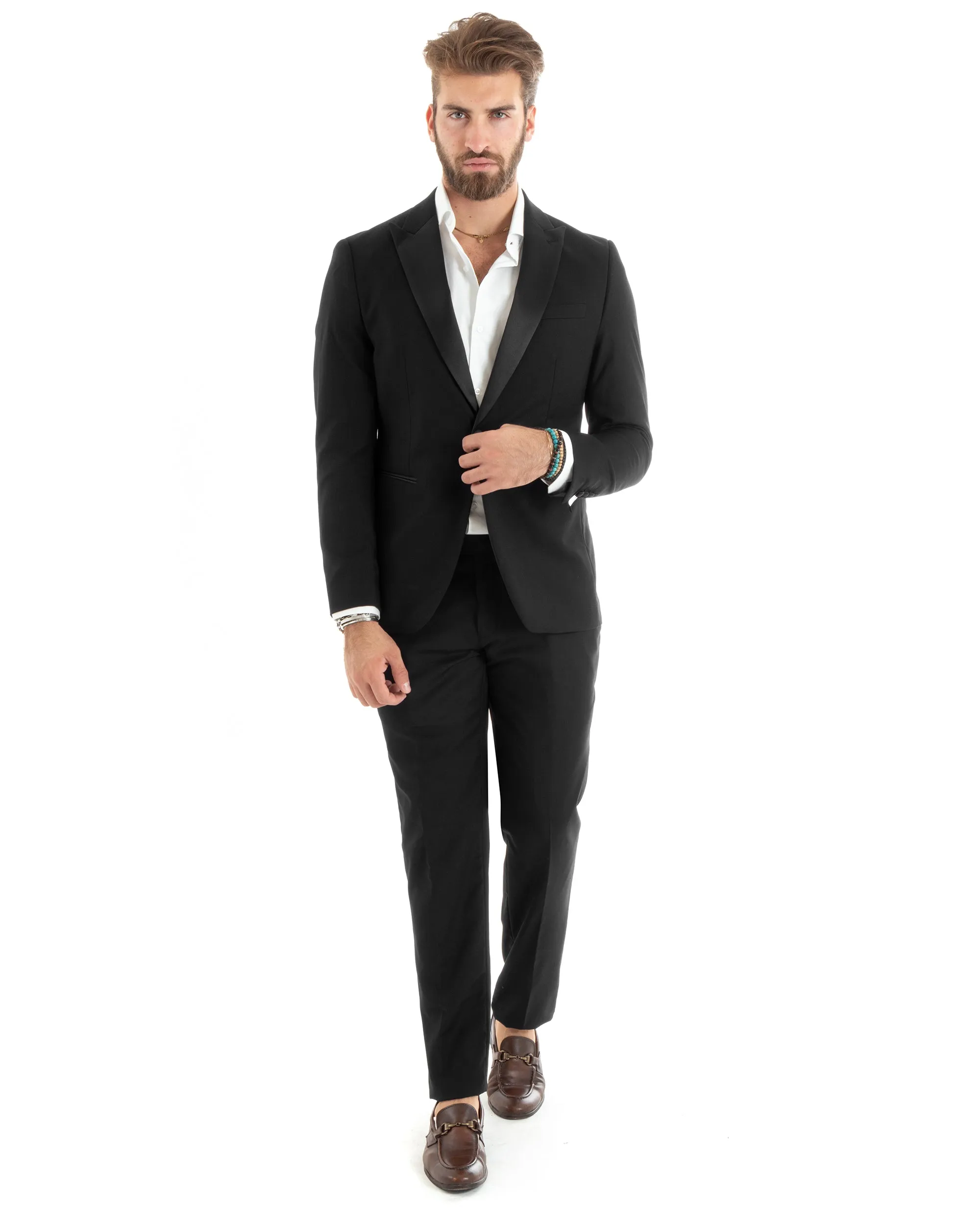 Abito Uomo Monopetto Vestito Smoking Rever Raso Completo Giacca Pantaloni Nero Elegante GIOSAL-OU2426A