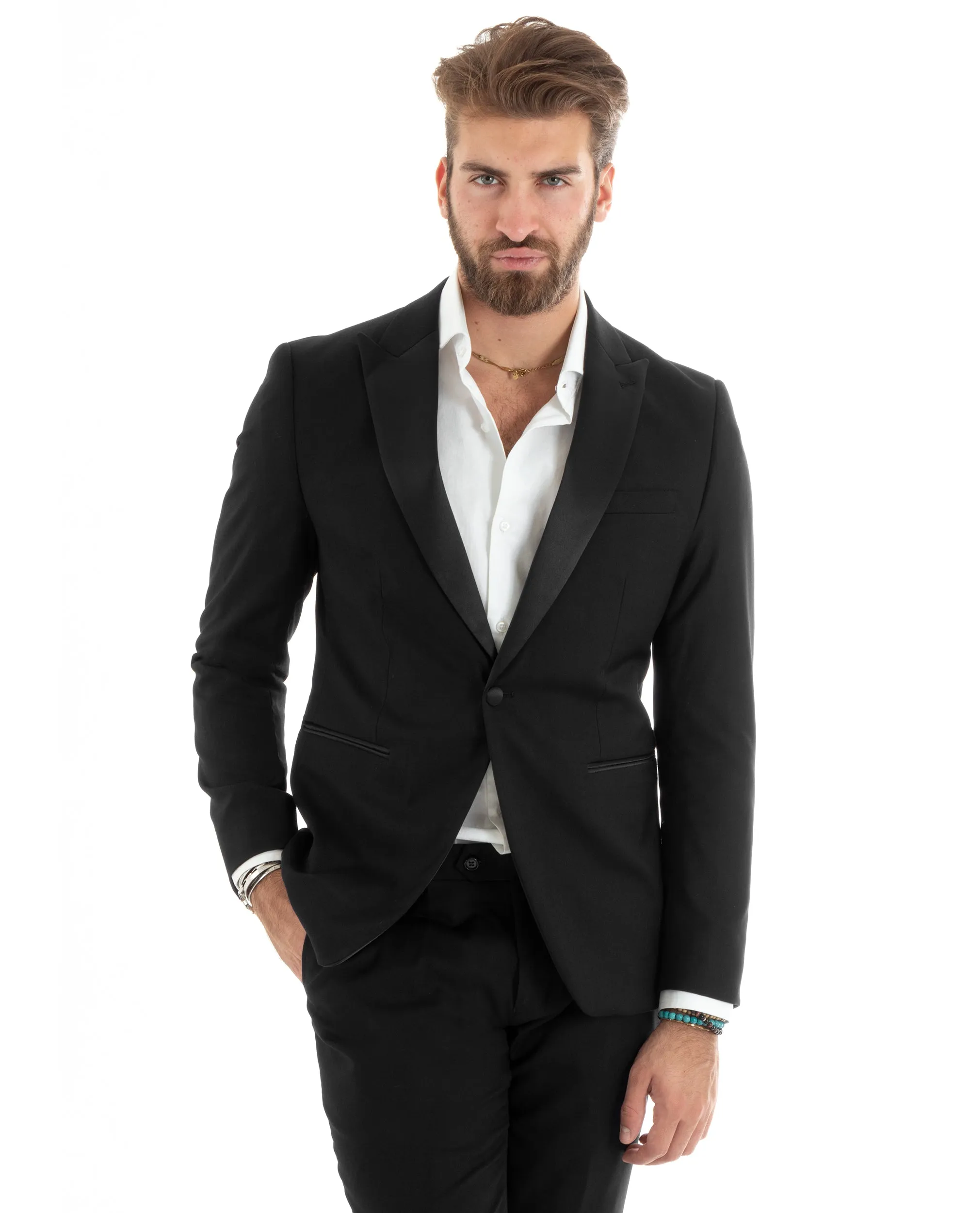 Abito Uomo Monopetto Vestito Smoking Rever Raso Completo Giacca Pantaloni Nero Elegante GIOSAL-OU2426A