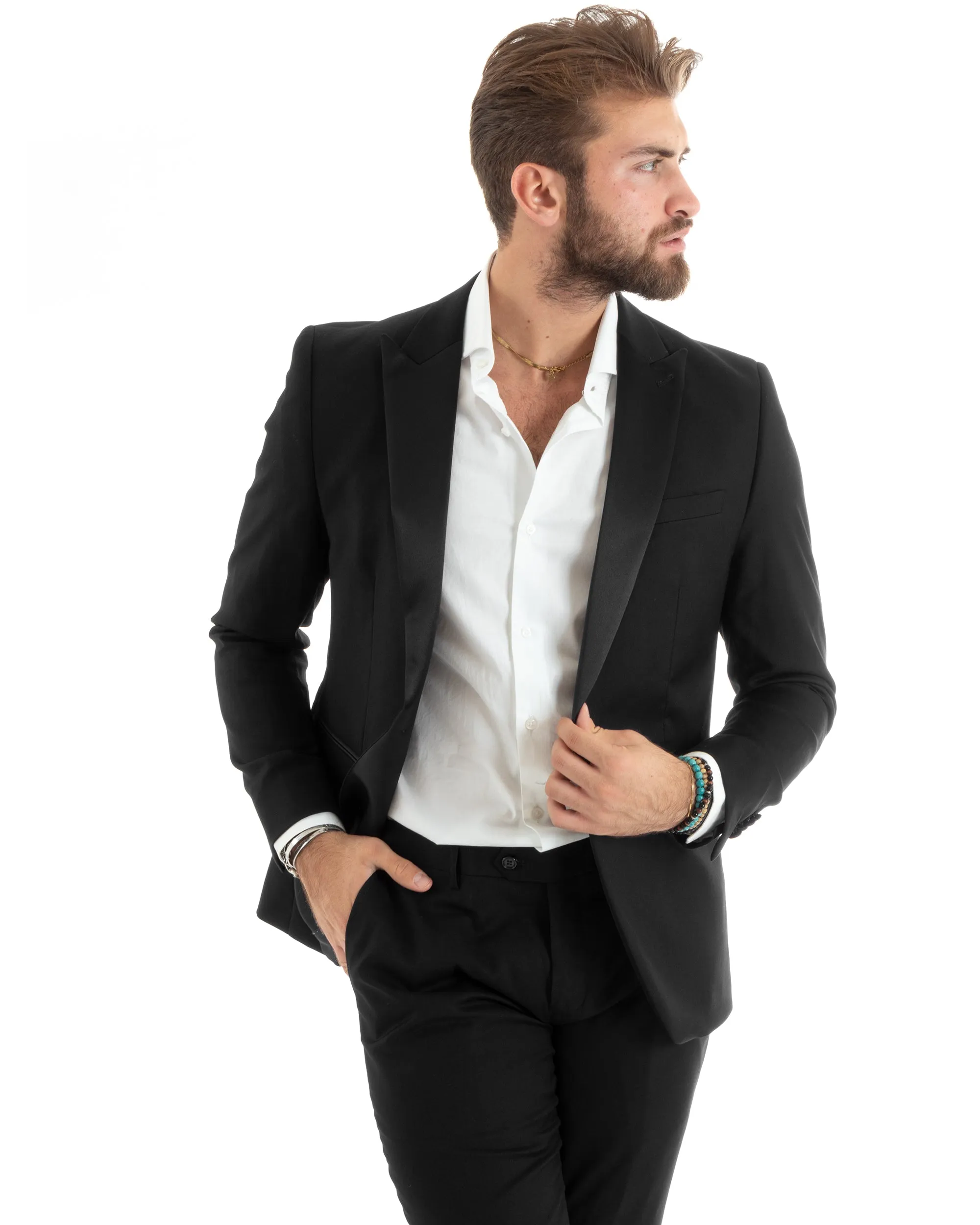 Abito Uomo Monopetto Vestito Smoking Rever Raso Completo Giacca Pantaloni Nero Elegante GIOSAL-OU2426A