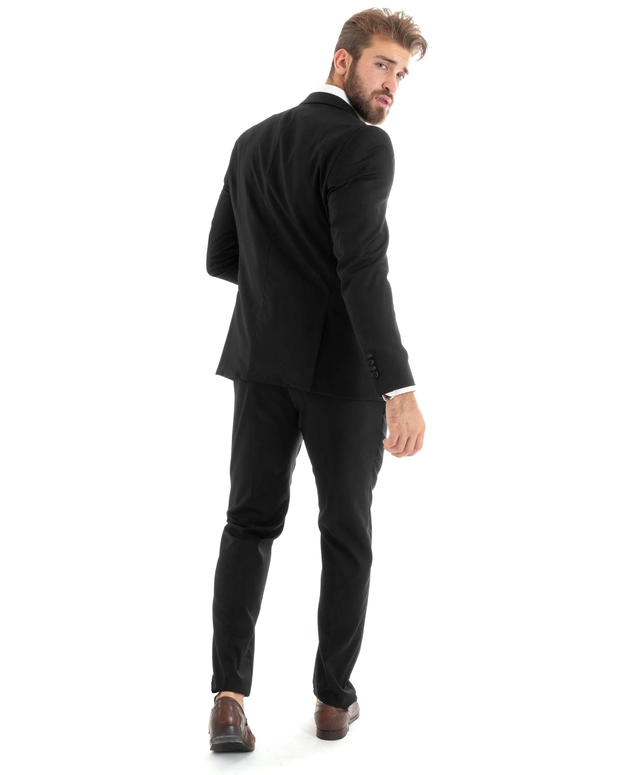 Abito Uomo Monopetto Vestito Smoking Rever Raso Completo Giacca Pantaloni Nero Elegante GIOSAL-OU2426A