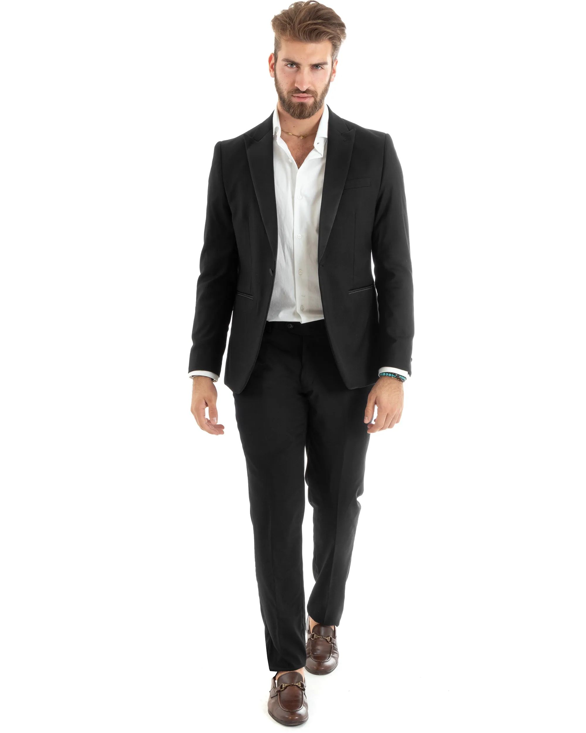 Abito Uomo Monopetto Vestito Smoking Rever Raso Completo Giacca Pantaloni Nero Elegante GIOSAL-OU2426A