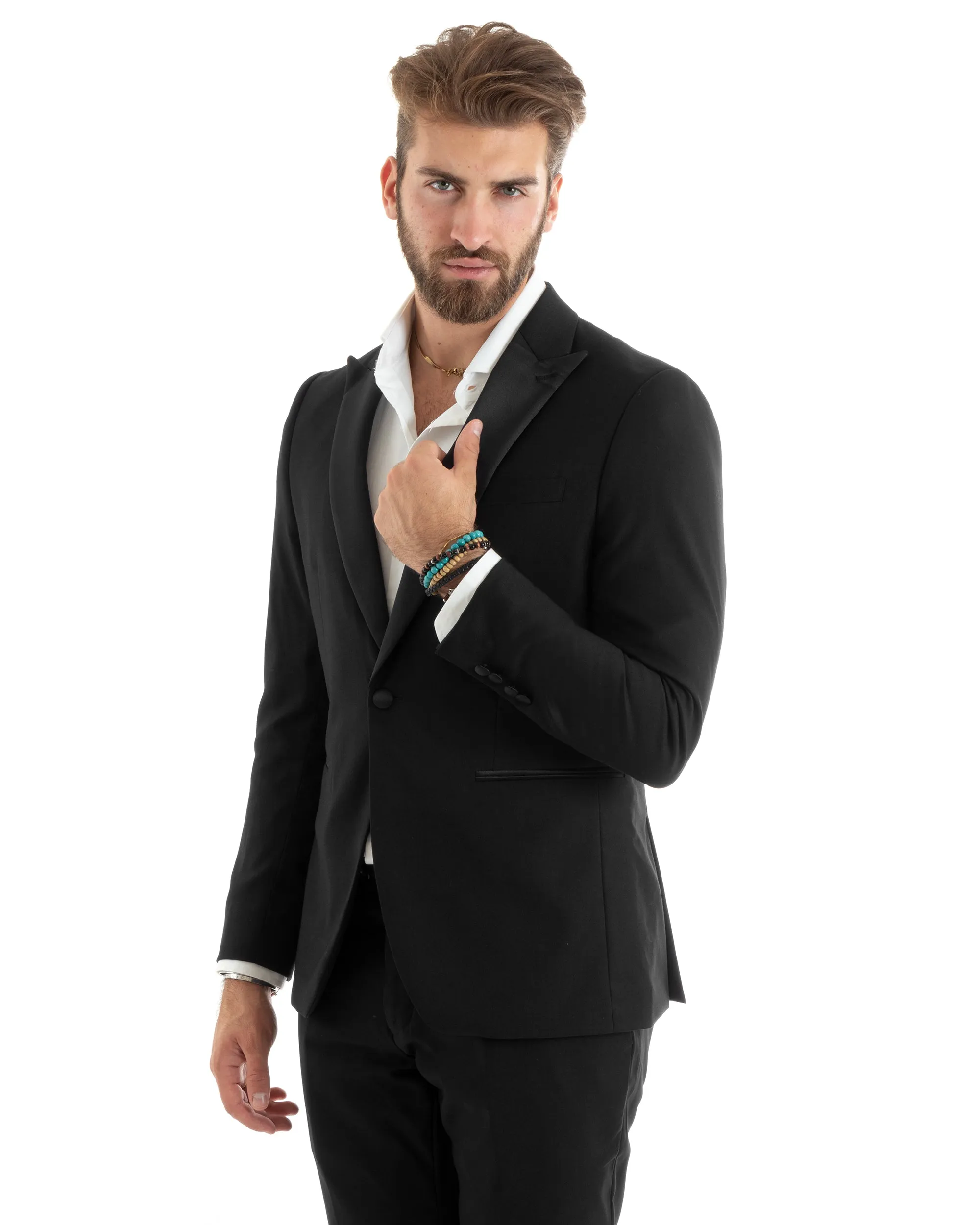 Abito Uomo Monopetto Vestito Smoking Rever Raso Completo Giacca Pantaloni Nero Elegante GIOSAL-OU2426A