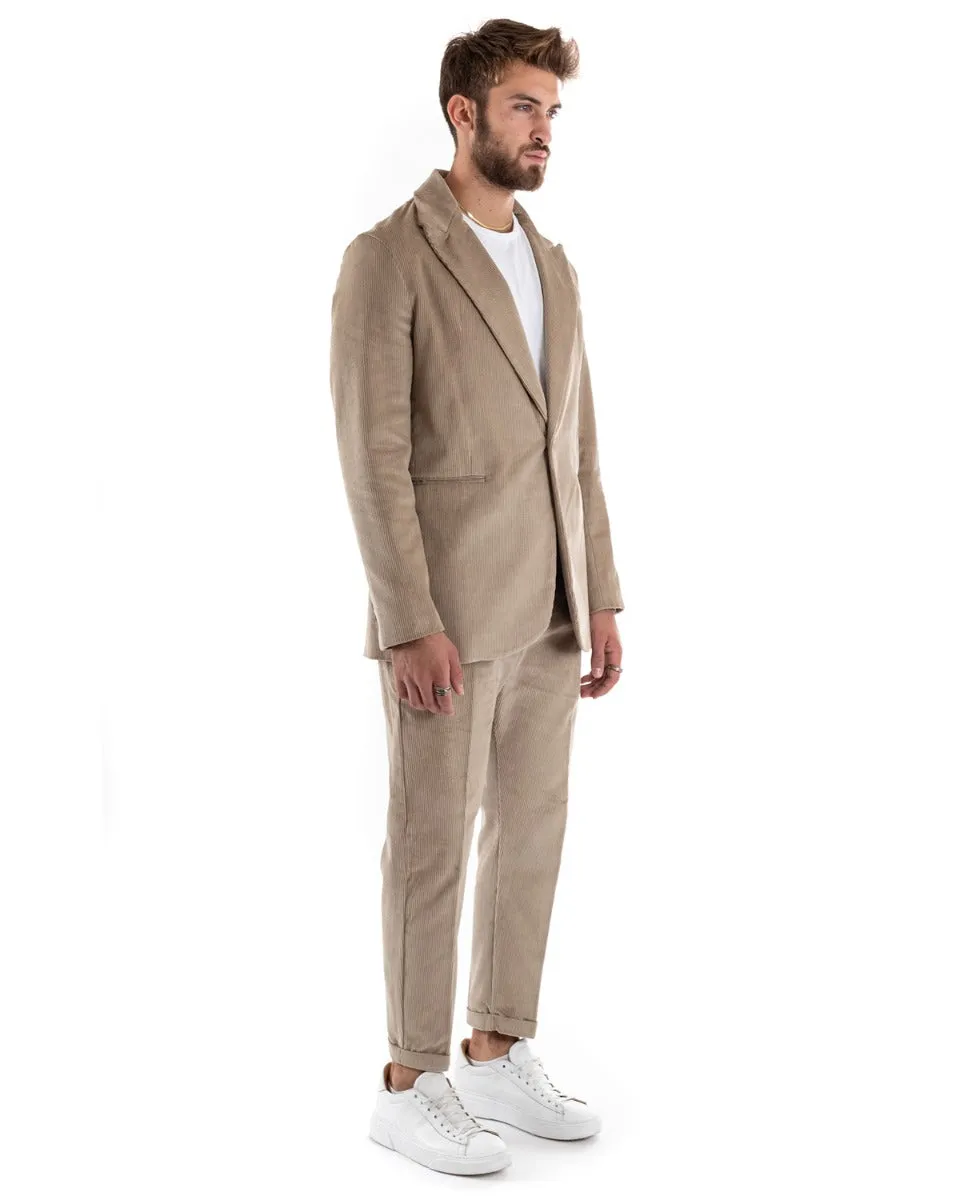 Abito Uomo Monopetto Vestito Velluto Completo Giacca Pantaloni Beige Elegante Cerimonia GIOSAL-OU2186A