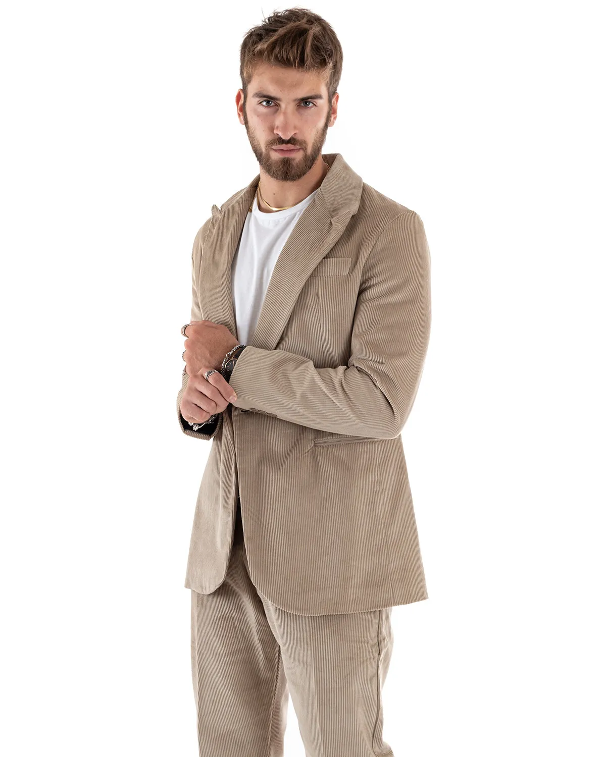 Abito Uomo Monopetto Vestito Velluto Completo Giacca Pantaloni Beige Elegante Cerimonia GIOSAL-OU2186A