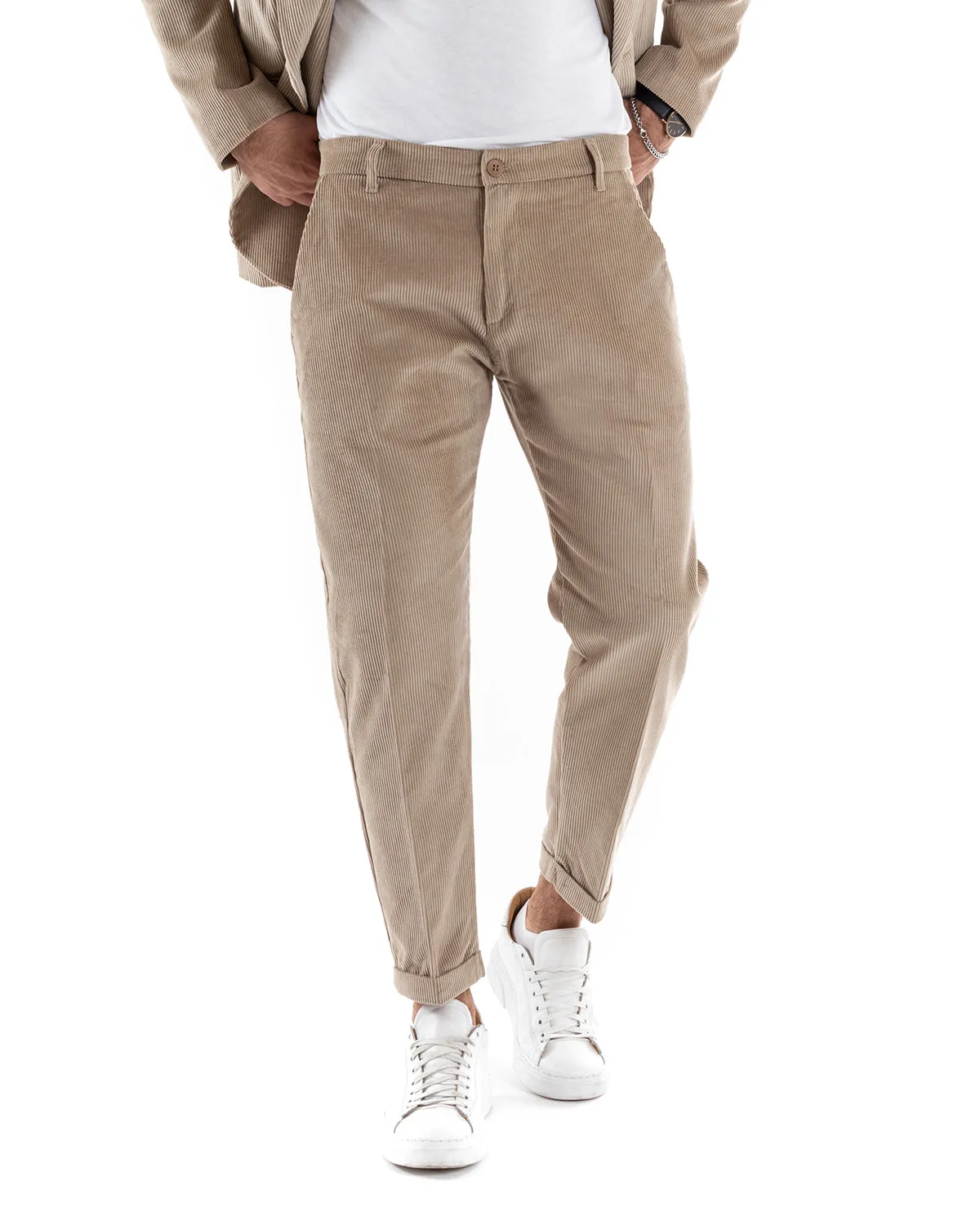 Abito Uomo Monopetto Vestito Velluto Completo Giacca Pantaloni Beige Elegante Cerimonia GIOSAL-OU2186A