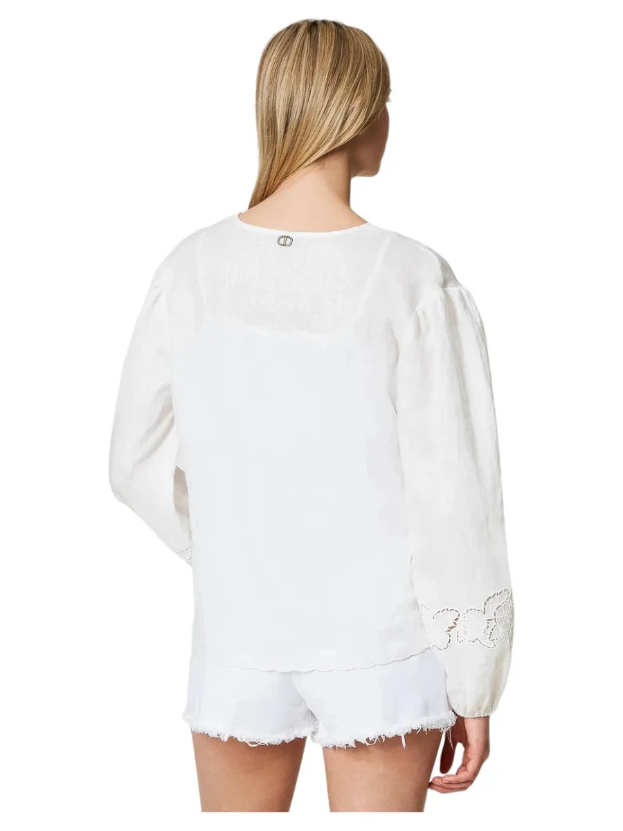 Blusa in Lino con Ricamo Sangallo