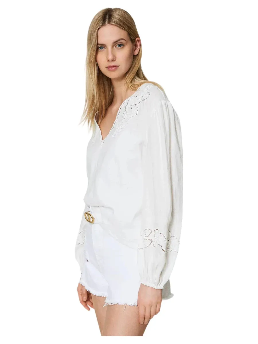 Blusa in Lino con Ricamo Sangallo