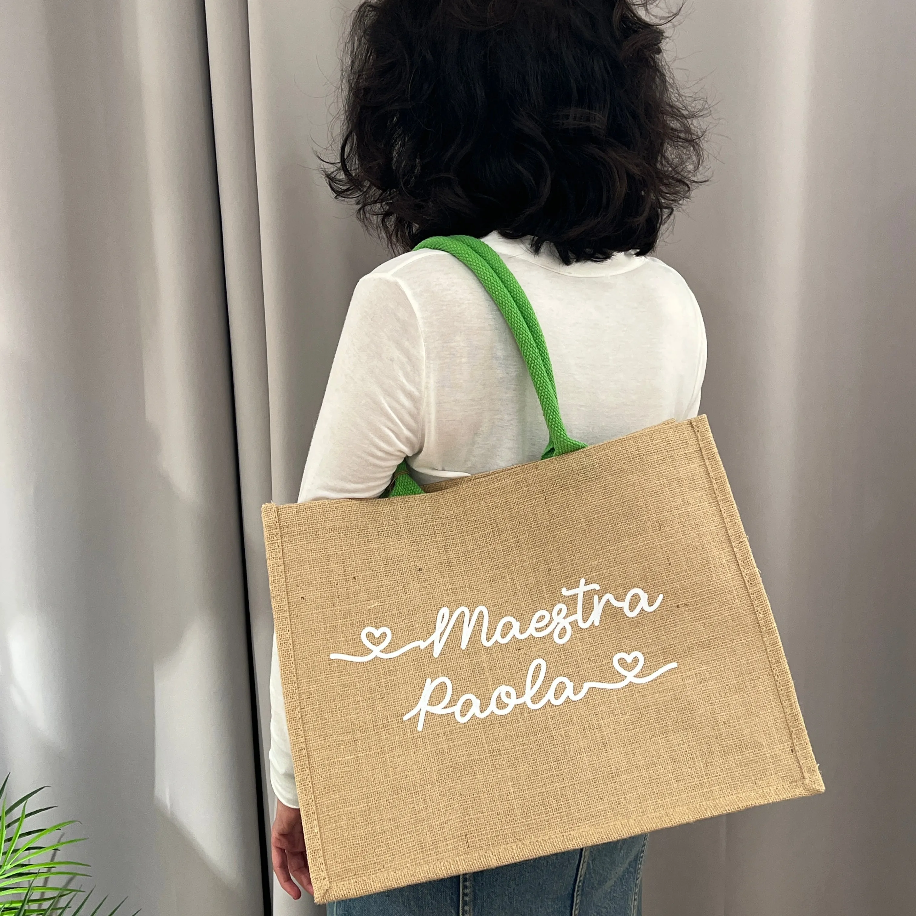 Borsa in Juta Manico Verde personalizzabile Regalo maestre fine anno o mare