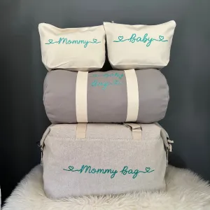 Borsone mamma, 1 borsone baby Grey e 2 Pochette con cuoricini Tiffany Glitter