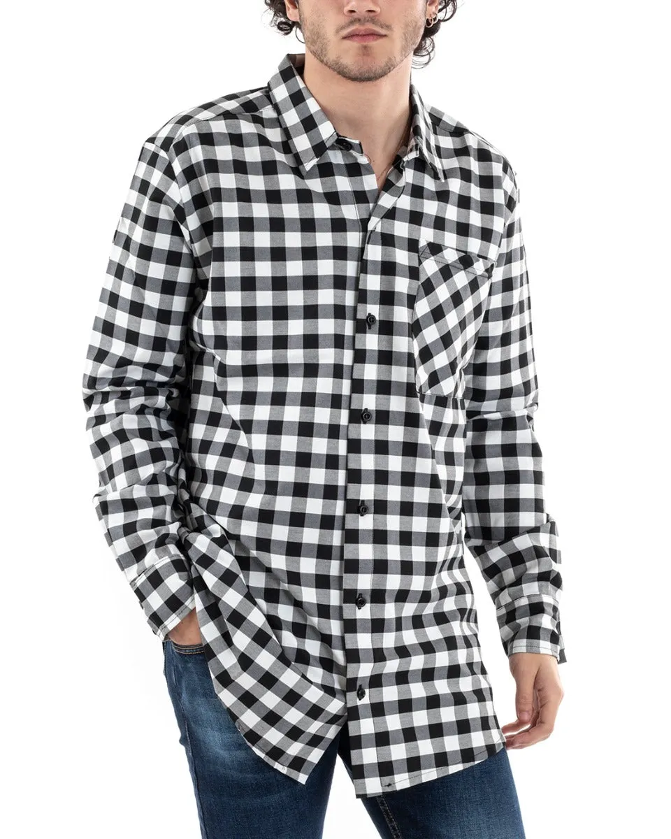 Camicia Con Colletto Camicione Manica Lunga Scozzese Quadri Bianco Nero GIOSAL-C2651A