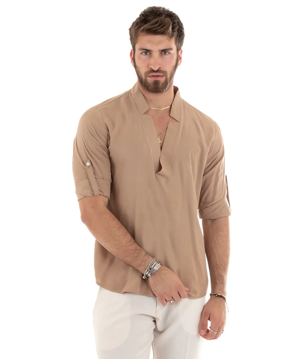 Camicia Uomo Collo V Manica Lunga Viscosa Morbida Leggera Camel GIOSAL-C2697A