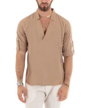 Camicia Uomo Collo V Manica Lunga Viscosa Morbida Leggera Camel GIOSAL-C2697A