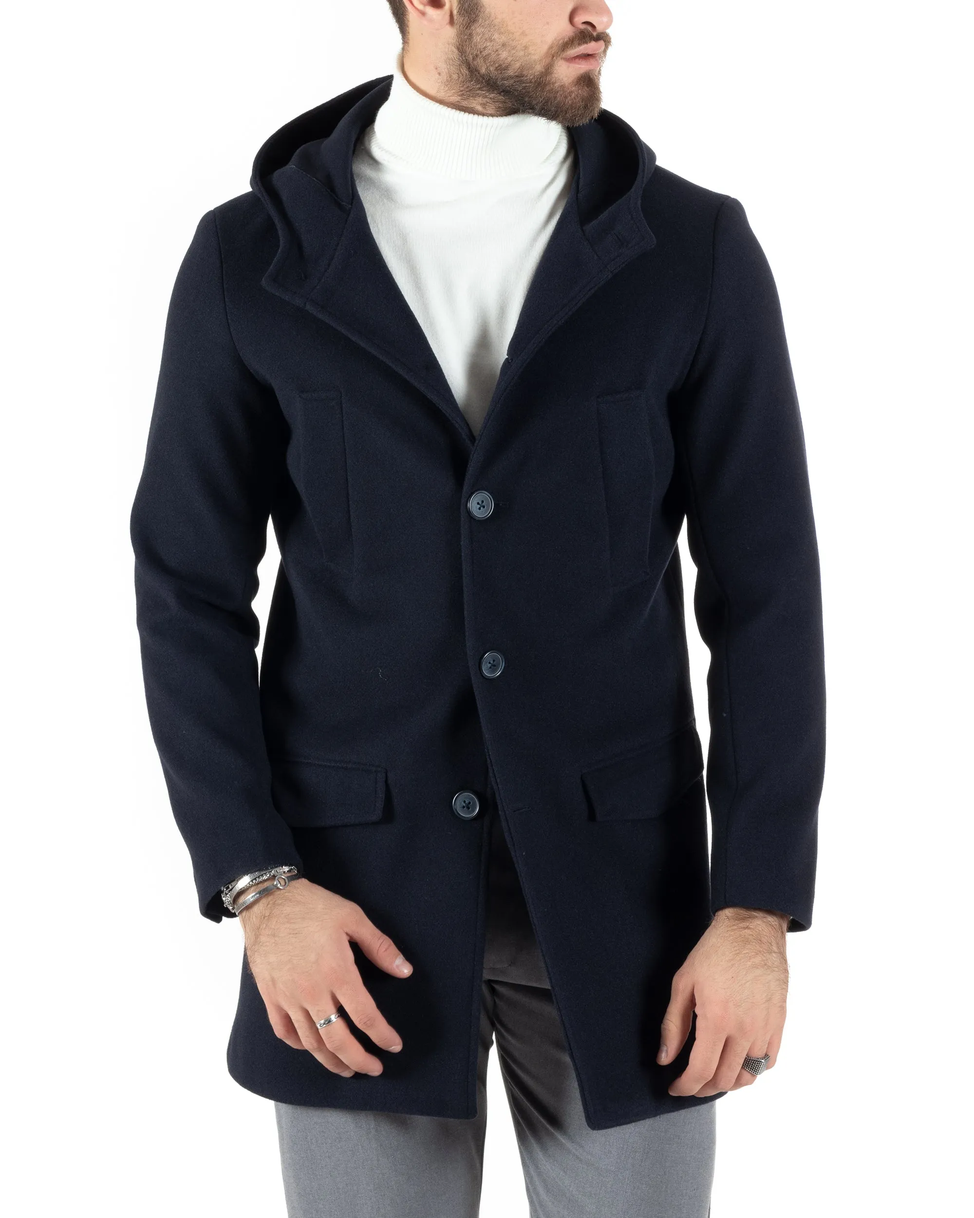 Cappotto Monopetto Uomo Giacca Giaccone Con Cappuccio Blu Baronetto Elegante GIOSAL-CO1008A