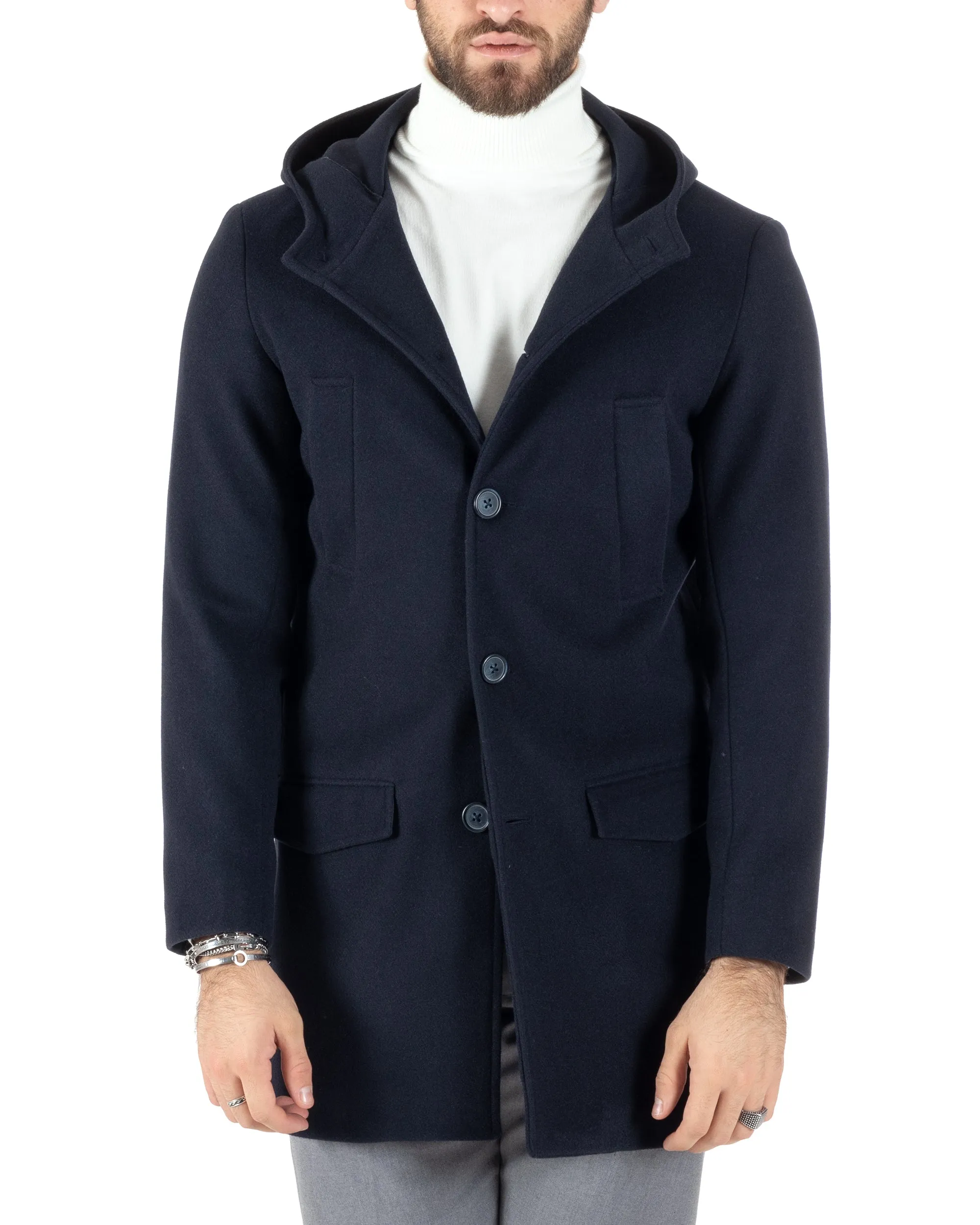 Cappotto Monopetto Uomo Giacca Giaccone Con Cappuccio Blu Baronetto Elegante GIOSAL-CO1008A