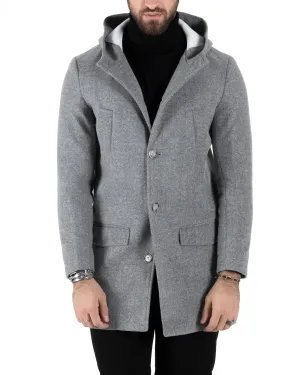 Cappotto Monopetto Uomo Giacca Giaccone Con Cappuccio Grigio Chiaro Baronetto Elegante GIOSAL-CO1007A