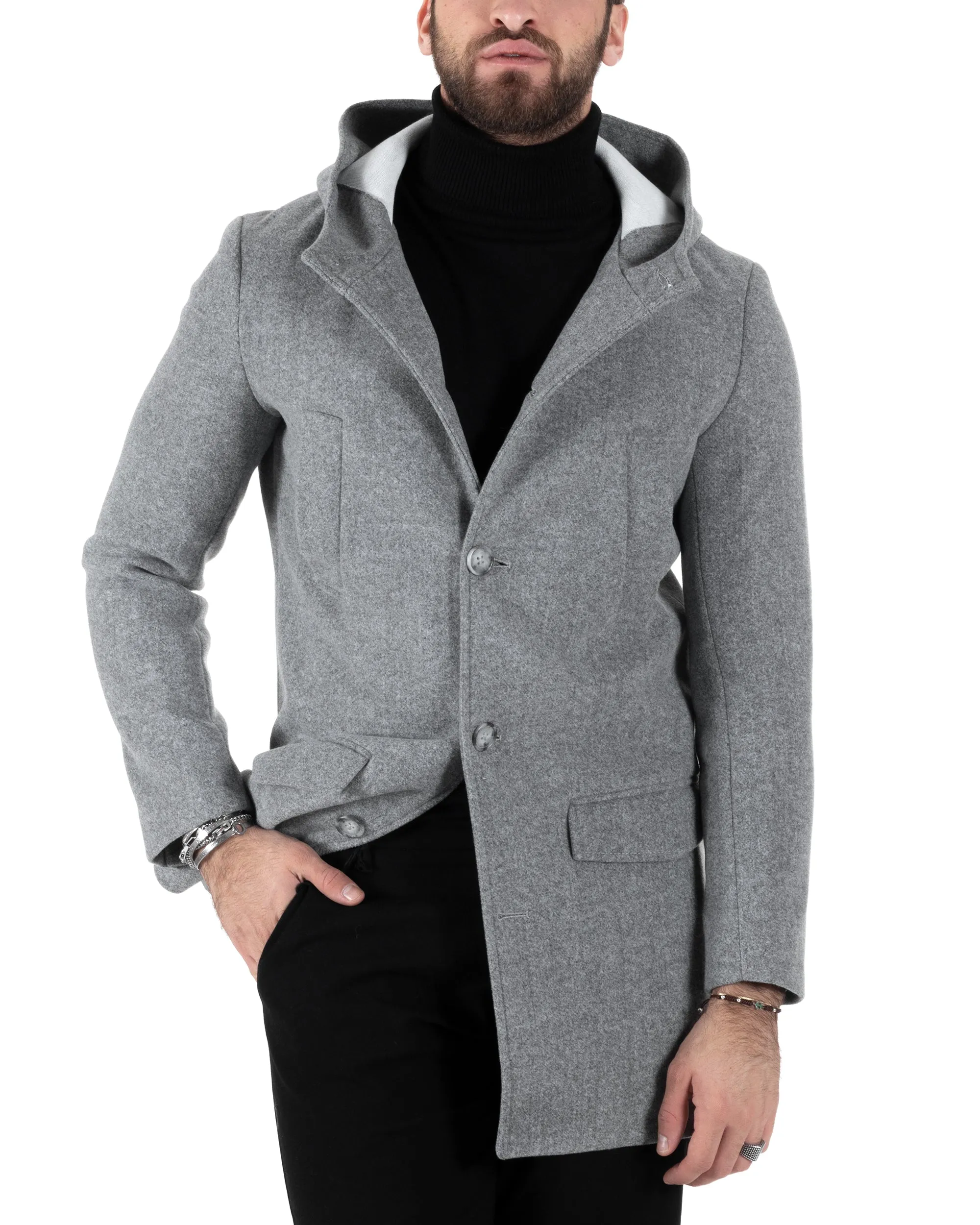 Cappotto Monopetto Uomo Giacca Giaccone Con Cappuccio Grigio Chiaro Baronetto Elegante GIOSAL-CO1007A