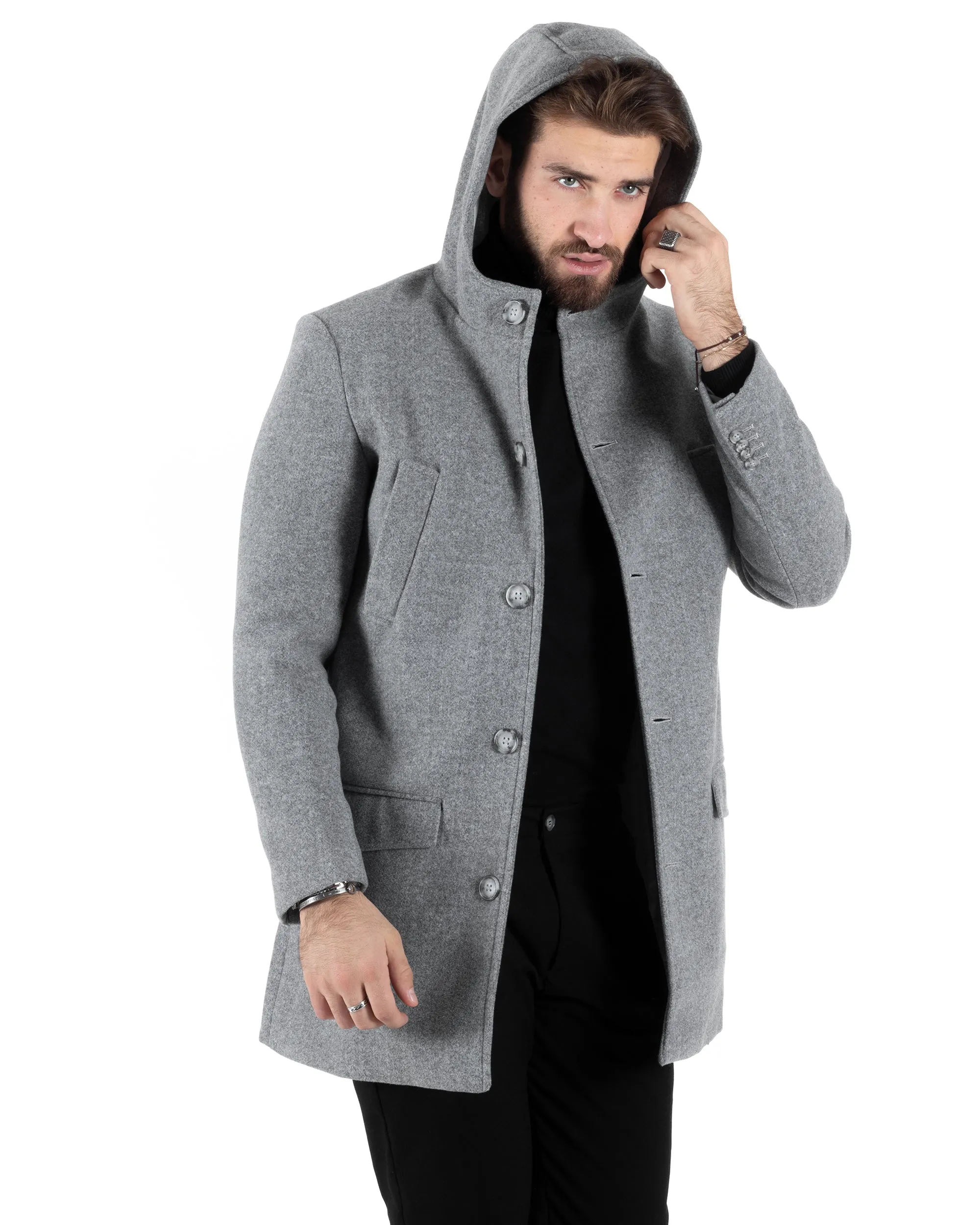 Cappotto Monopetto Uomo Giacca Giaccone Con Cappuccio Grigio Chiaro Baronetto Elegante GIOSAL-CO1007A