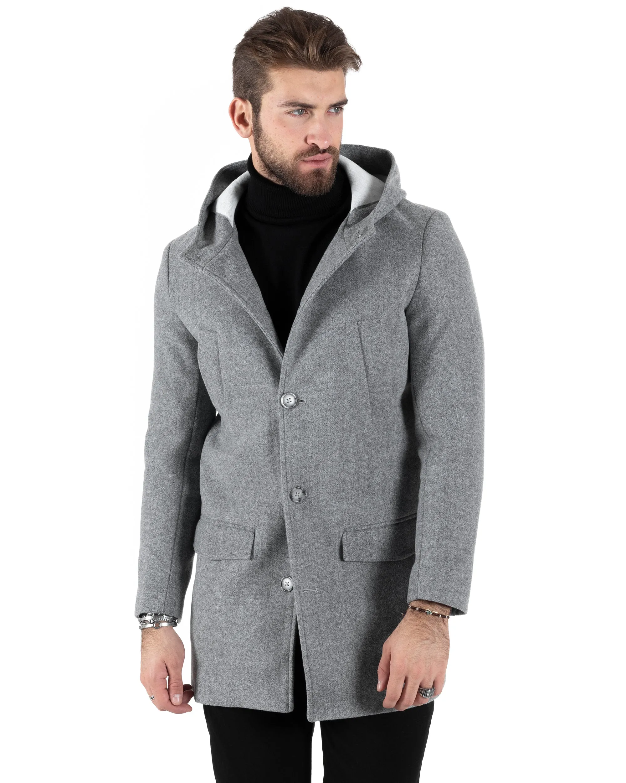 Cappotto Monopetto Uomo Giacca Giaccone Con Cappuccio Grigio Chiaro Baronetto Elegante GIOSAL-CO1007A