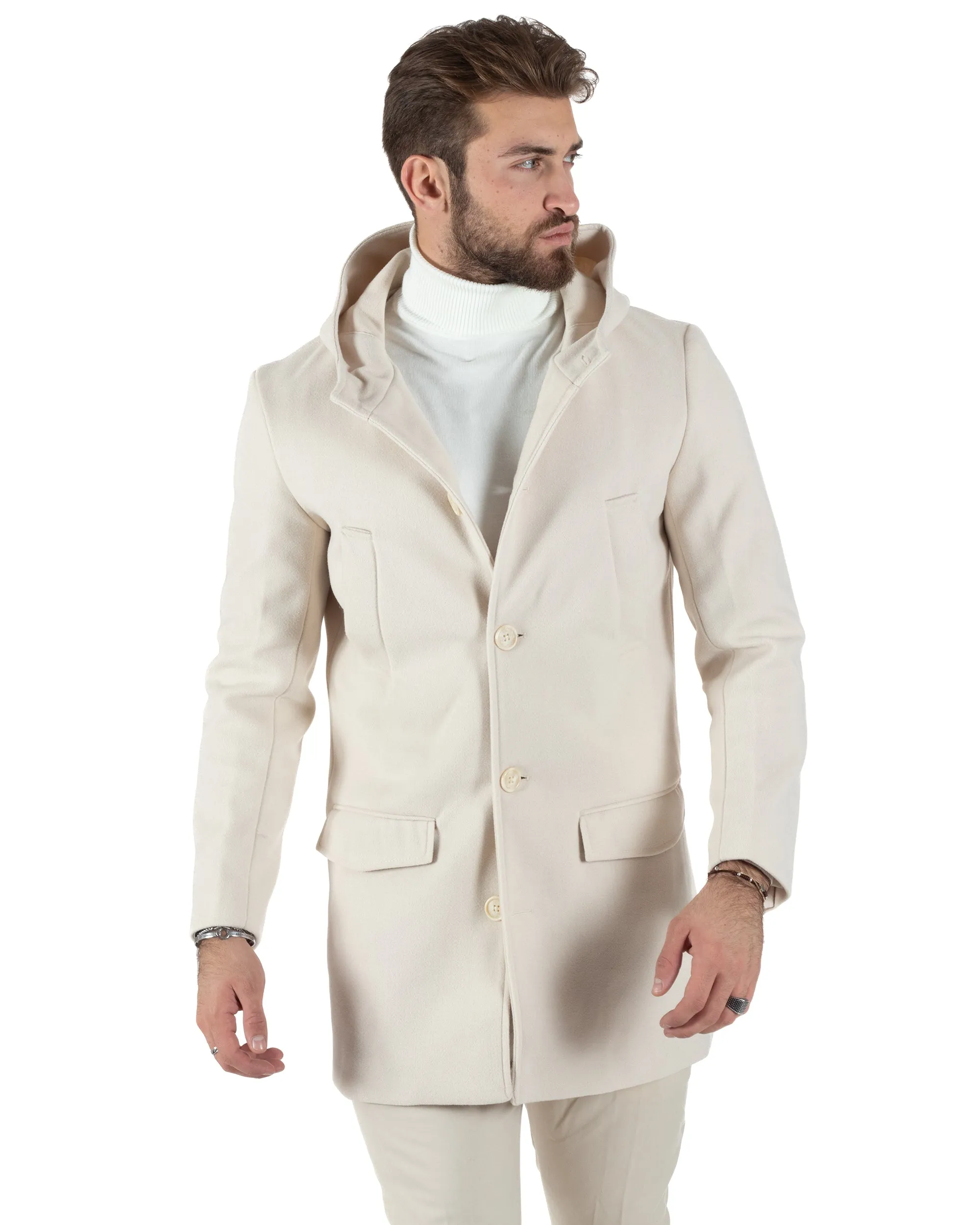 Cappotto Monopetto Uomo Giacca Giaccone Con Cappuccio Panna Baronetto Elegante GIOSAL-CO1009A