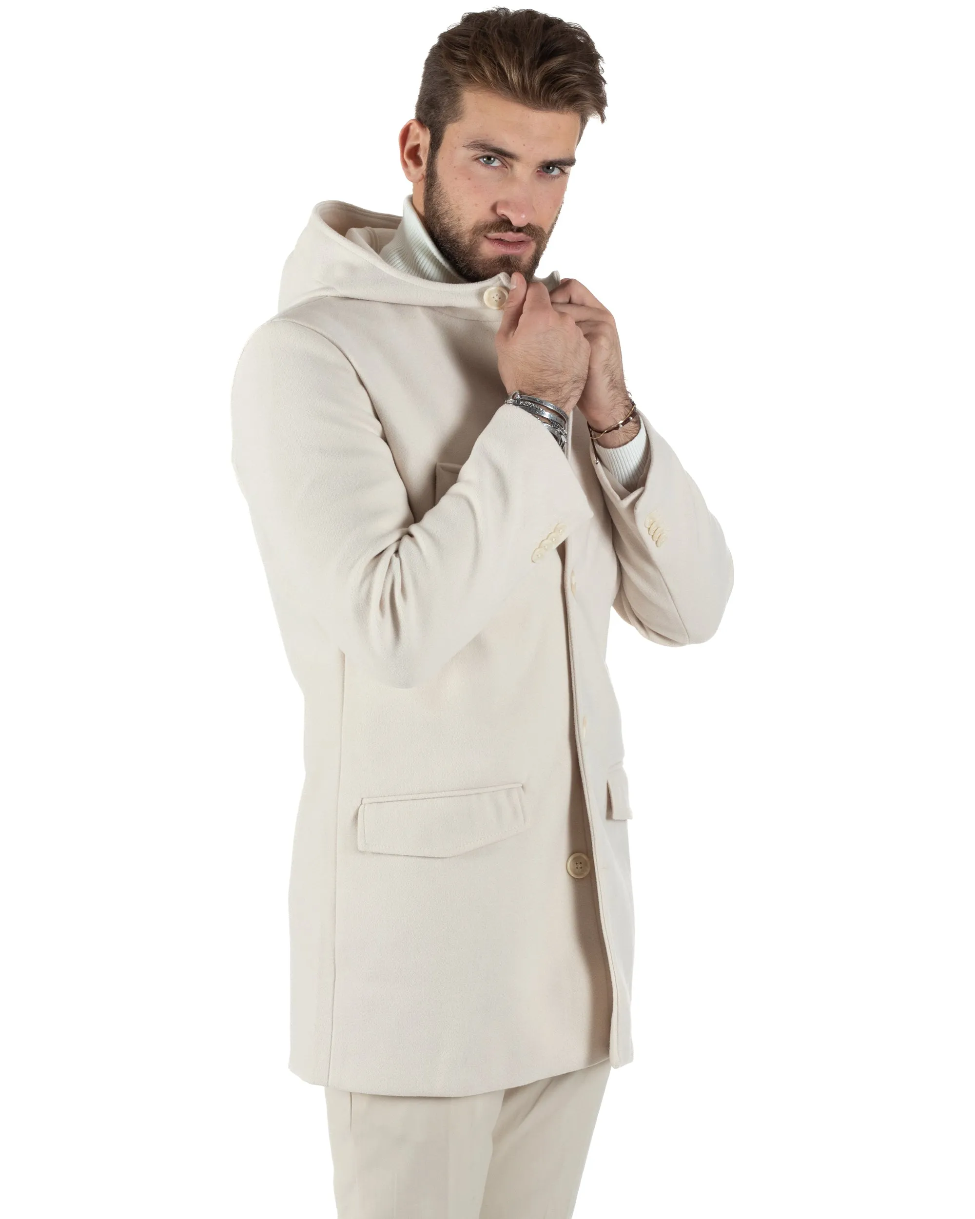 Cappotto Monopetto Uomo Giacca Giaccone Con Cappuccio Panna Baronetto Elegante GIOSAL-CO1009A