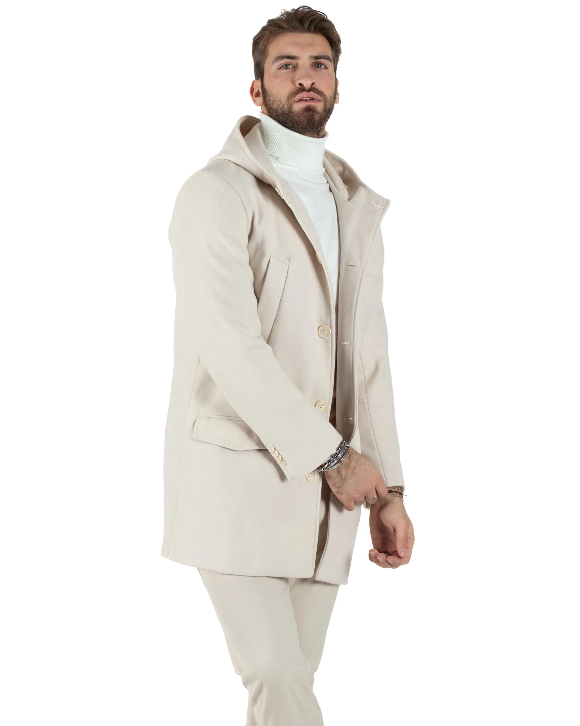 Cappotto Monopetto Uomo Giacca Giaccone Con Cappuccio Panna Baronetto Elegante GIOSAL-CO1009A