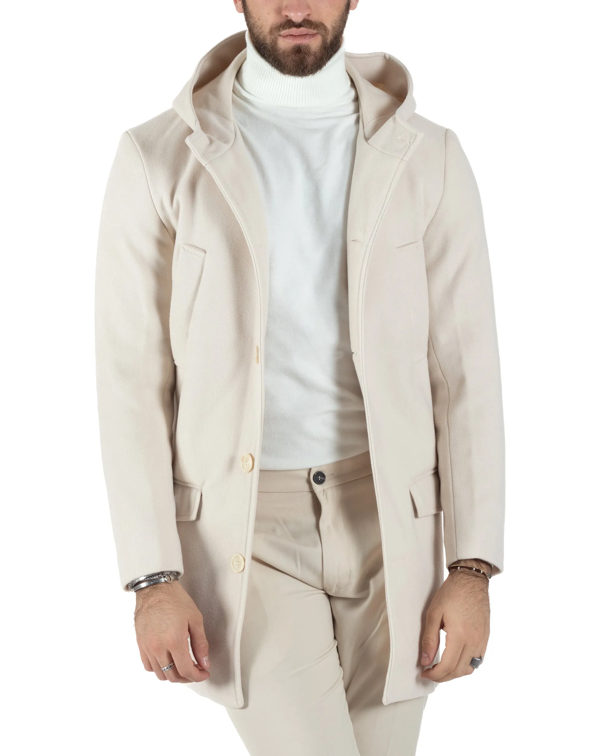 Cappotto Monopetto Uomo Giacca Giaccone Con Cappuccio Panna Baronetto Elegante GIOSAL-CO1009A