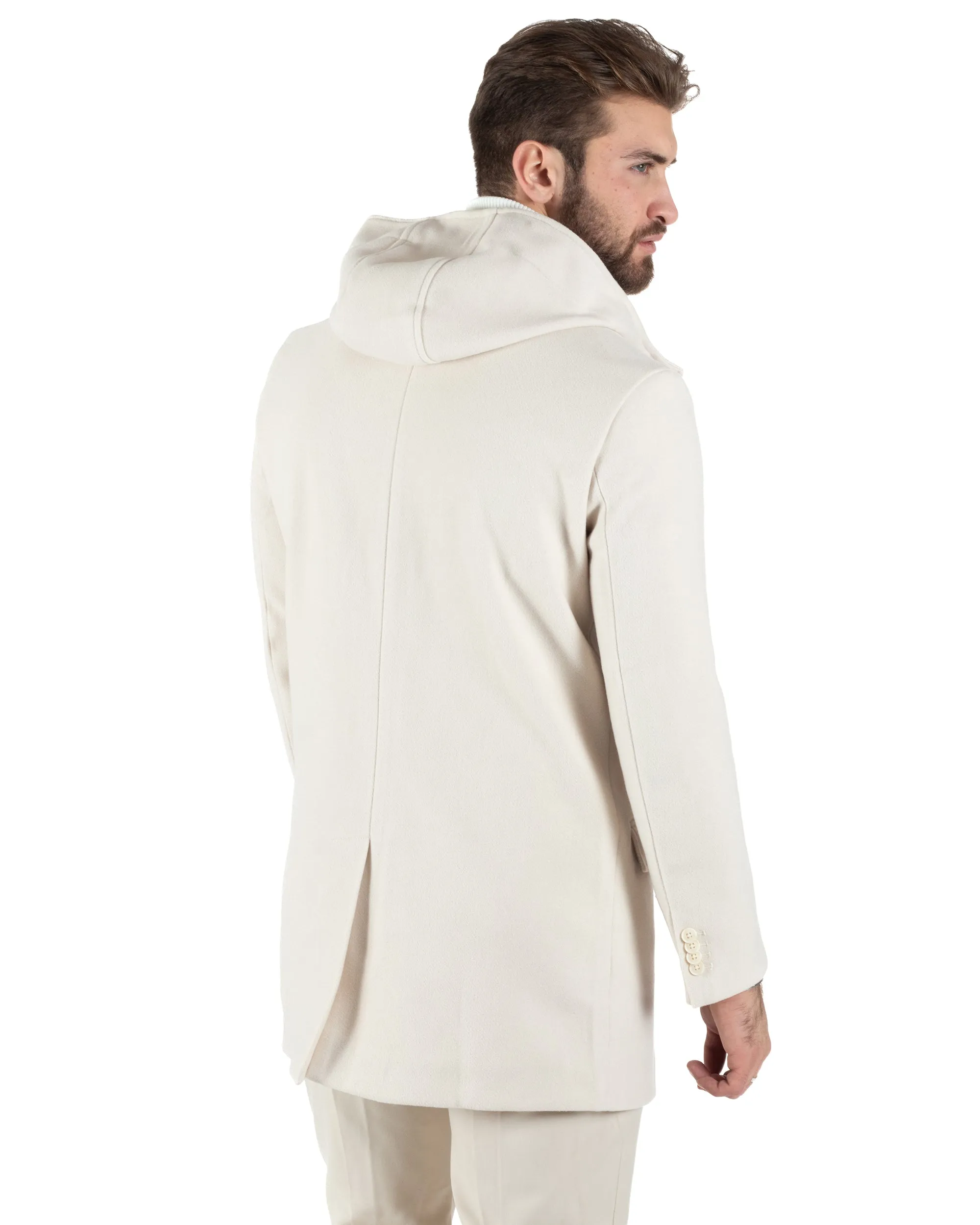 Cappotto Monopetto Uomo Giacca Giaccone Con Cappuccio Panna Baronetto Elegante GIOSAL-CO1009A