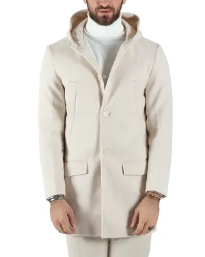 Cappotto Monopetto Uomo Giacca Giaccone Con Cappuccio Panna Baronetto Elegante GIOSAL-CO1009A