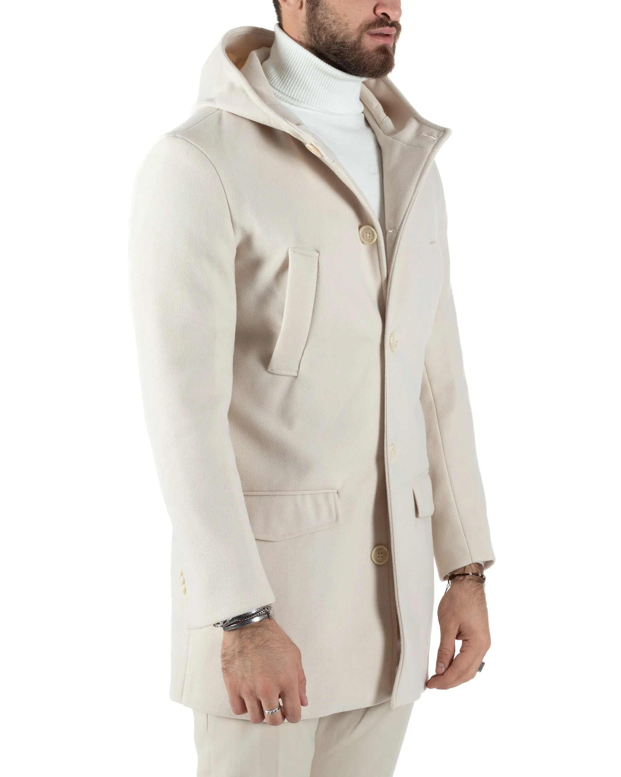 Cappotto Monopetto Uomo Giacca Giaccone Con Cappuccio Panna Baronetto Elegante GIOSAL-CO1009A