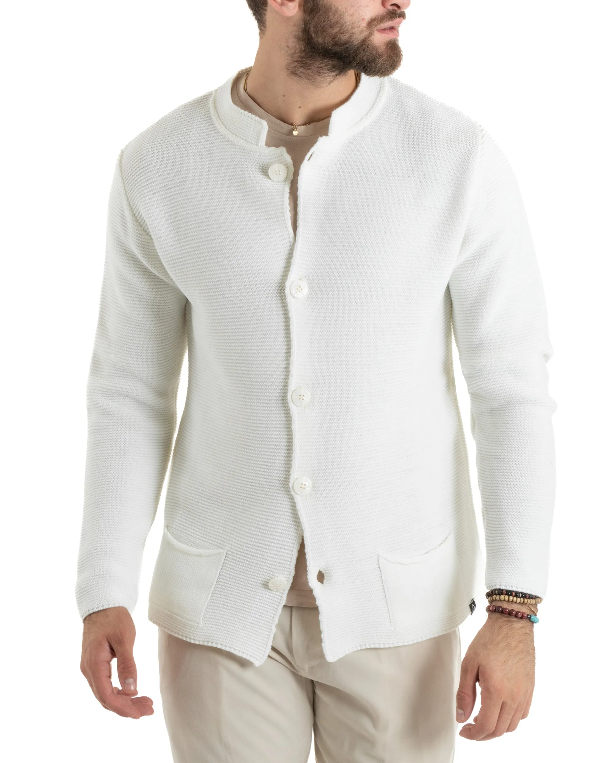 Cardigan Uomo Collo Coreano Maglioncino Monopetto Maglia Giacca Con Bottoni Panna Casual GIOSAL-M2668A