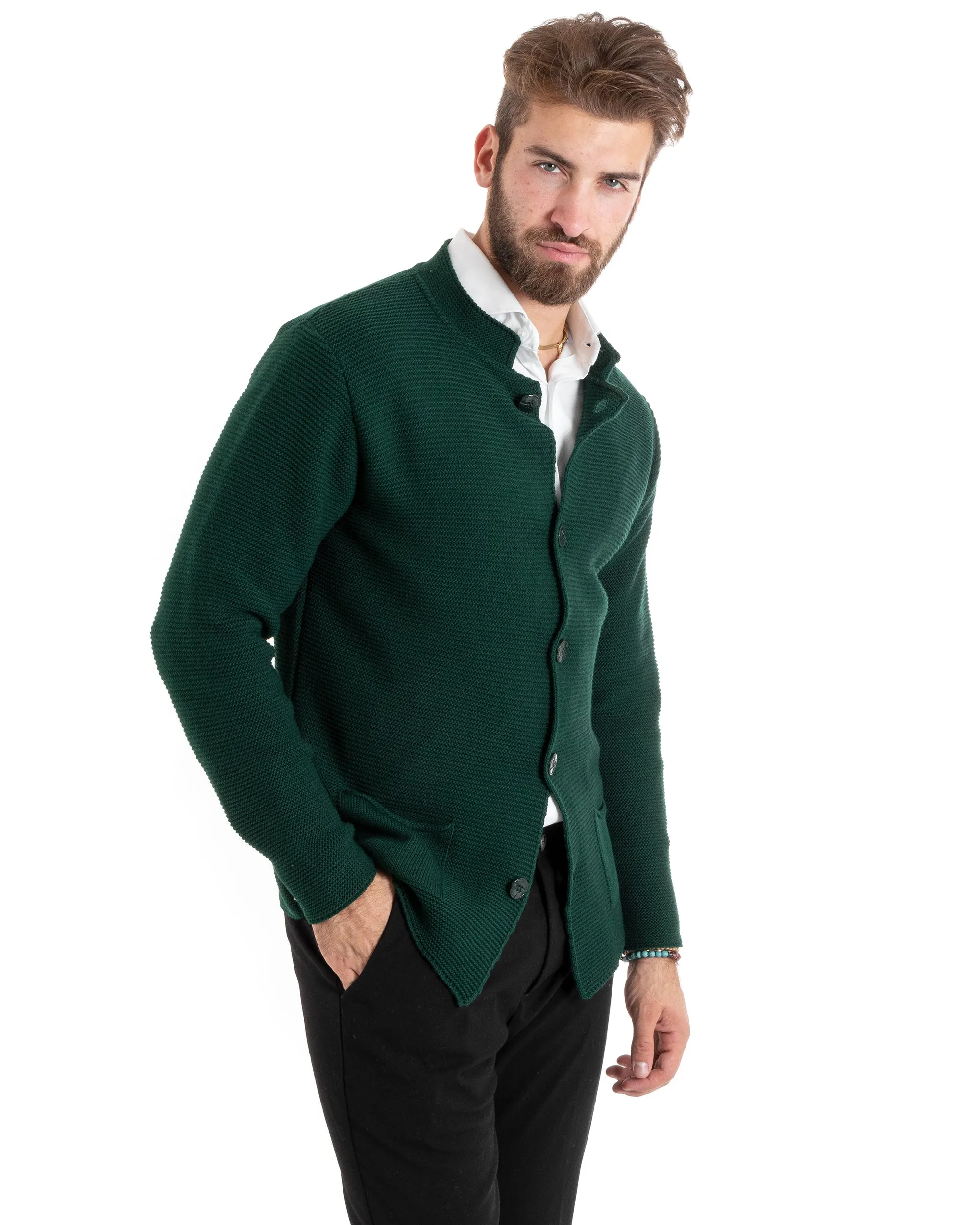 Cardigan Uomo Collo Coreano Maglioncino Monopetto Maglia Giacca Con Bottoni Verde Casual GIOSAL-M2673A