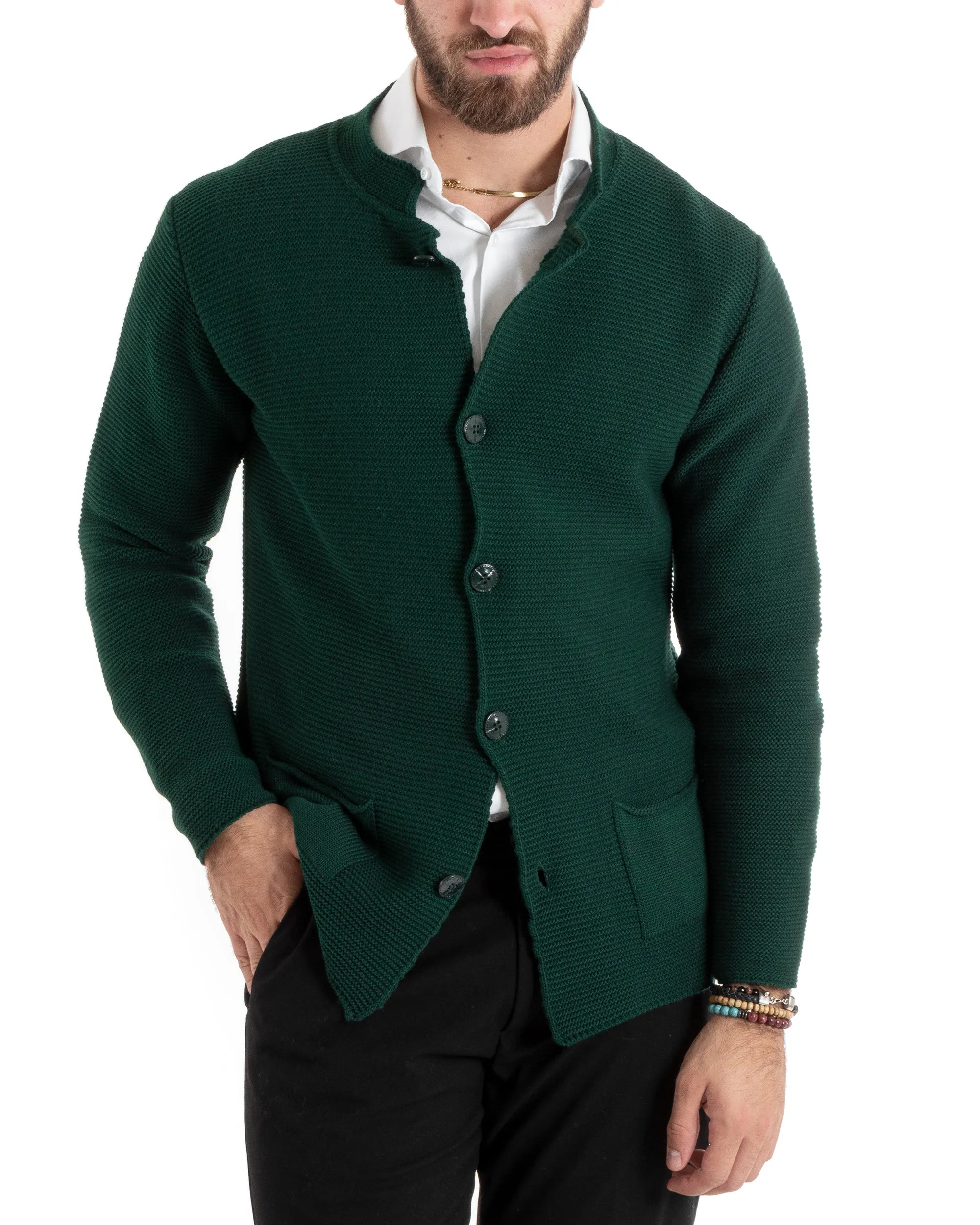 Cardigan Uomo Collo Coreano Maglioncino Monopetto Maglia Giacca Con Bottoni Verde Casual GIOSAL-M2673A