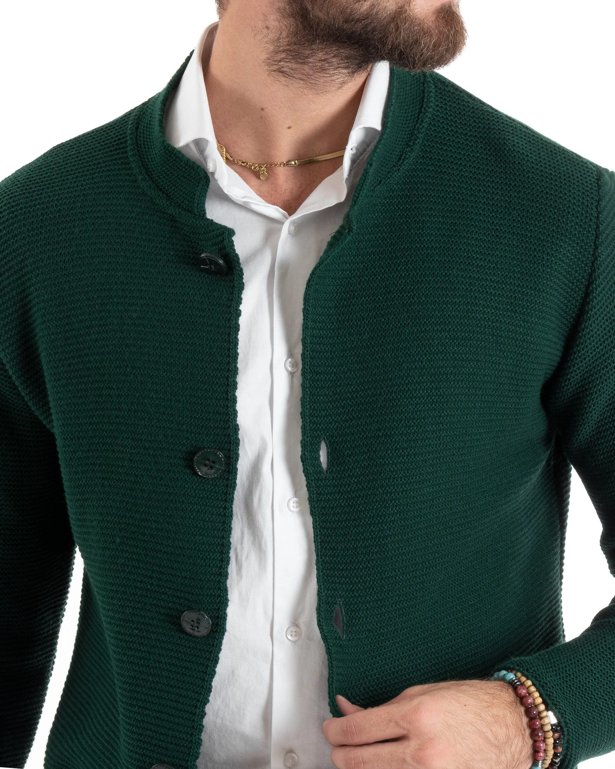 Cardigan Uomo Collo Coreano Maglioncino Monopetto Maglia Giacca Con Bottoni Verde Casual GIOSAL-M2673A