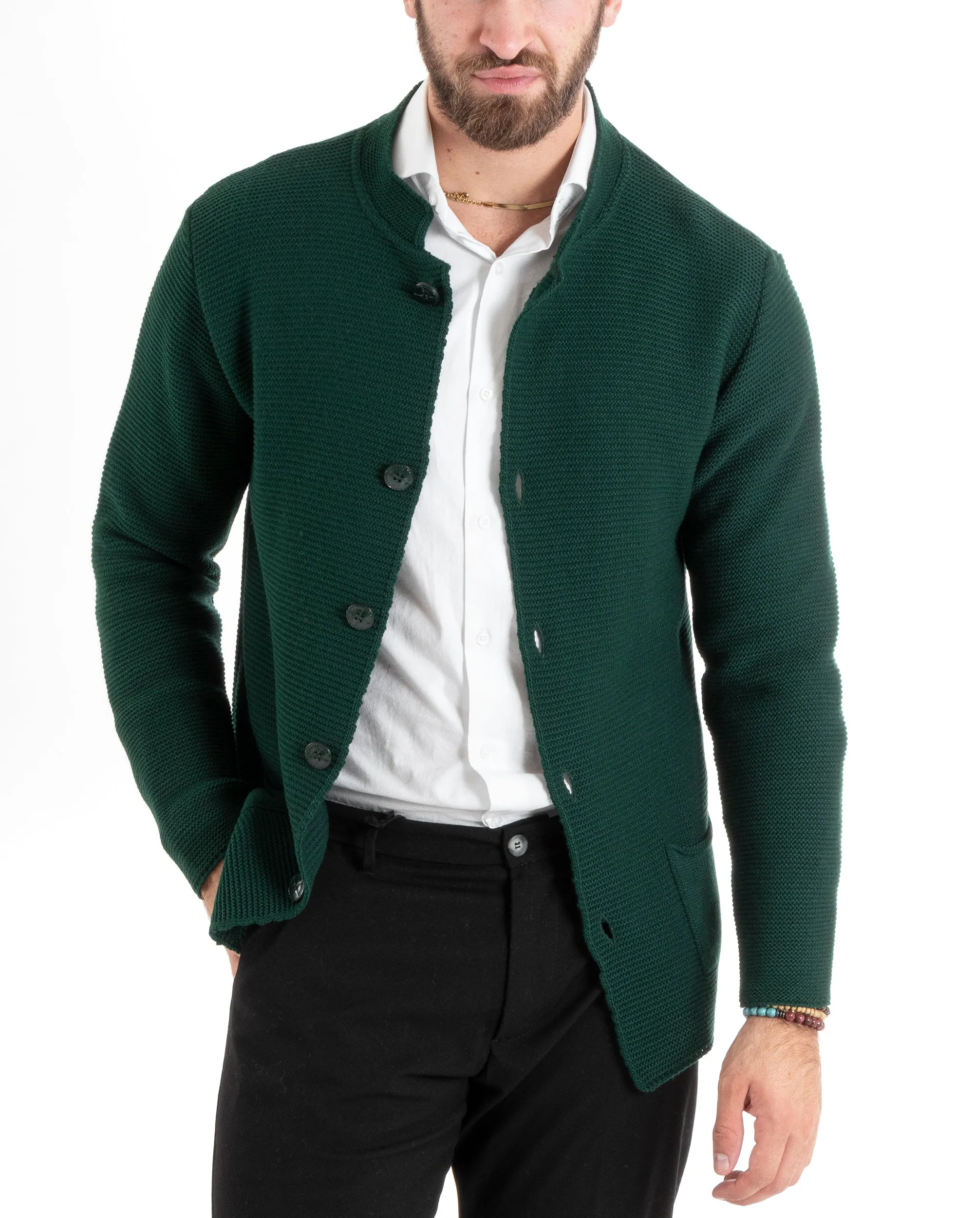 Cardigan Uomo Collo Coreano Maglioncino Monopetto Maglia Giacca Con Bottoni Verde Casual GIOSAL-M2673A