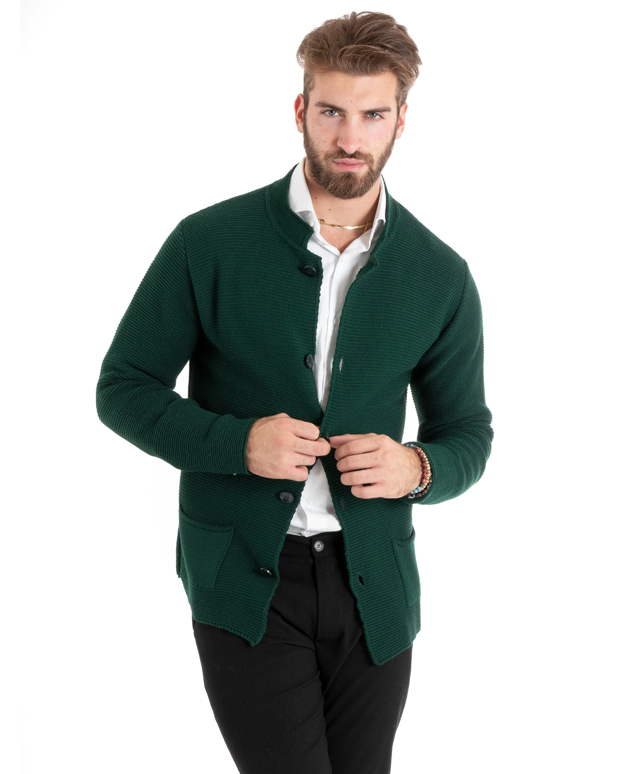 Cardigan Uomo Collo Coreano Maglioncino Monopetto Maglia Giacca Con Bottoni Verde Casual GIOSAL-M2673A