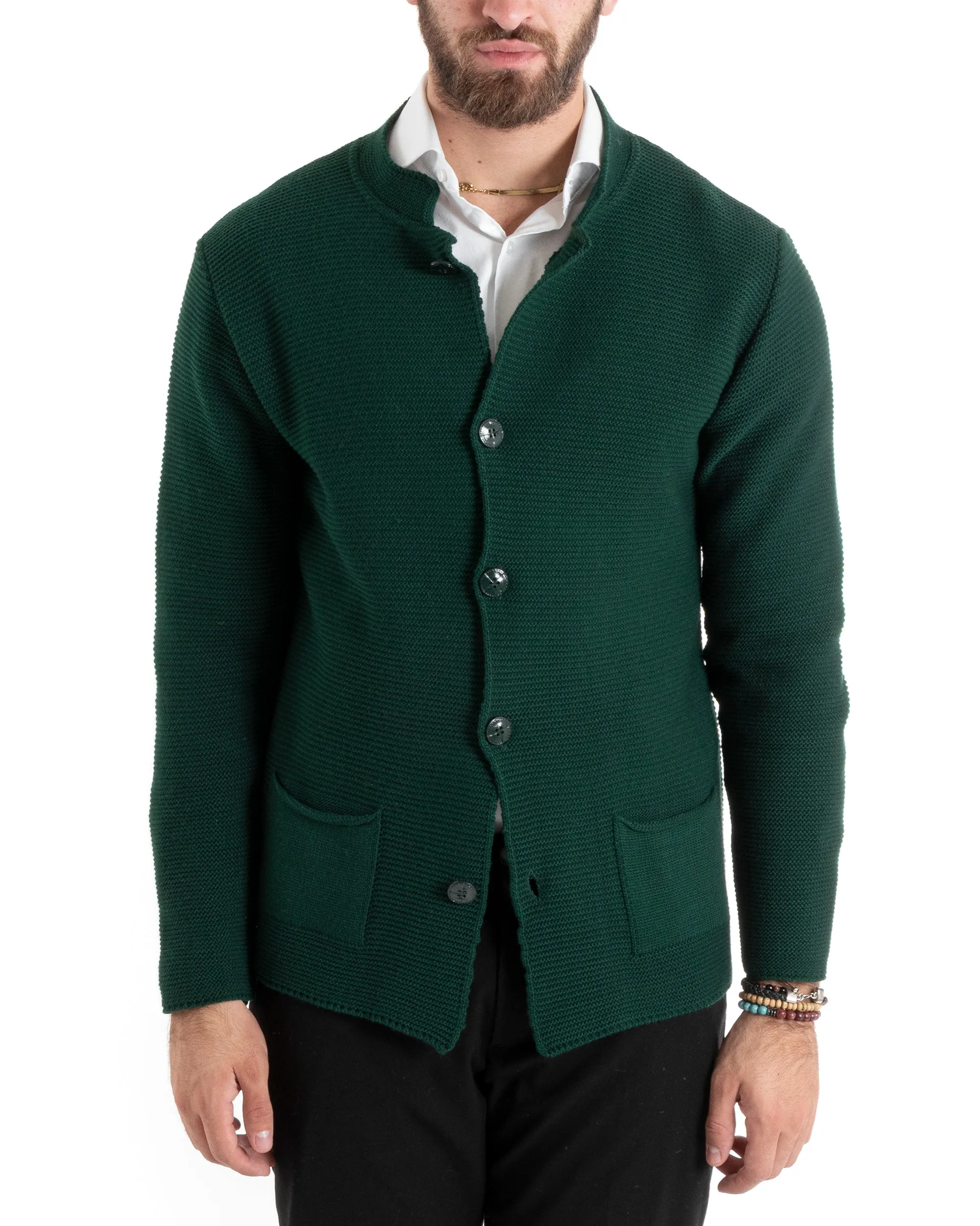 Cardigan Uomo Collo Coreano Maglioncino Monopetto Maglia Giacca Con Bottoni Verde Casual GIOSAL-M2673A