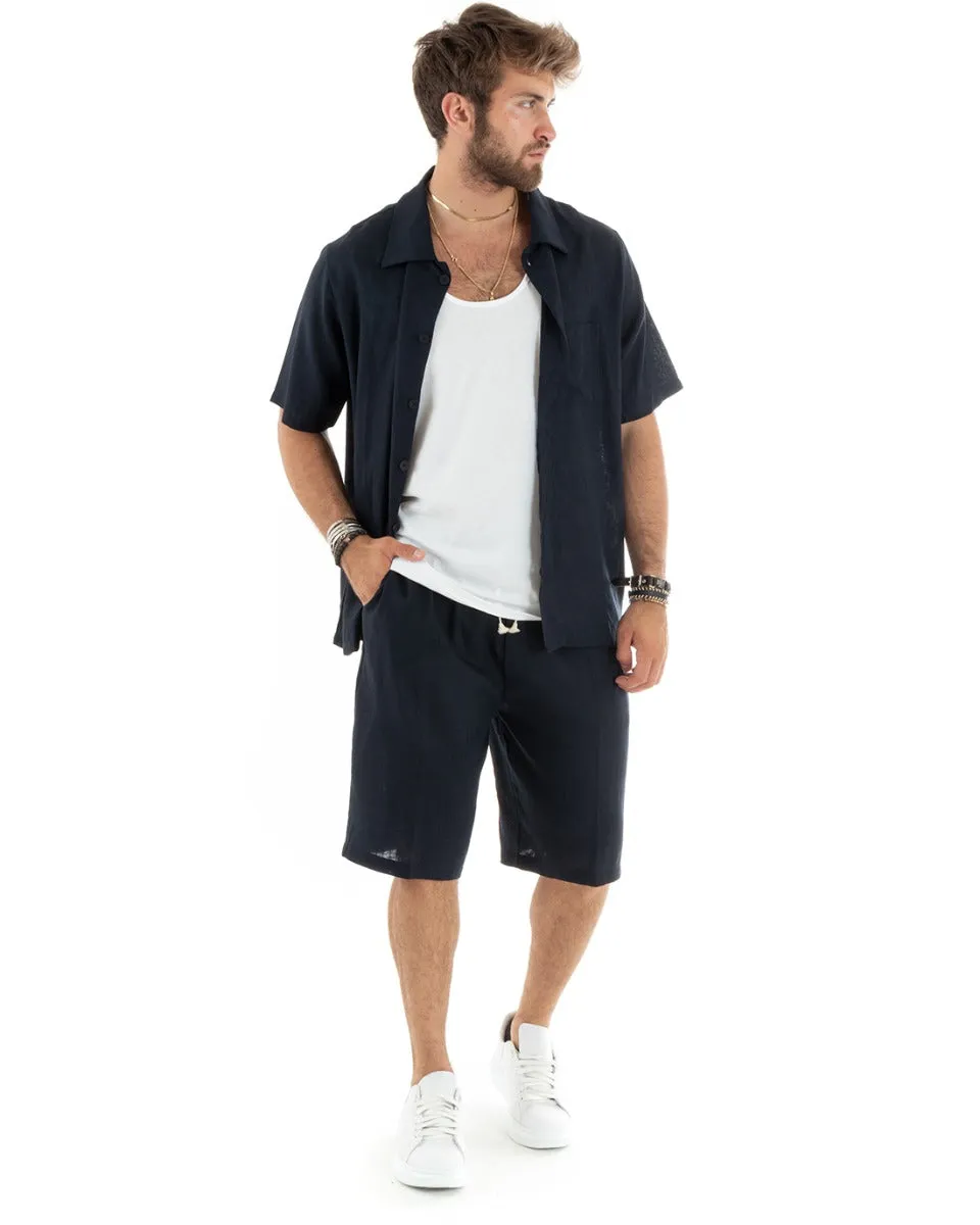 Completo Set Coordinato Uomo Lino Camicia Con Colletto Bermuda Outfit Blu GIOSAL-OU2347A