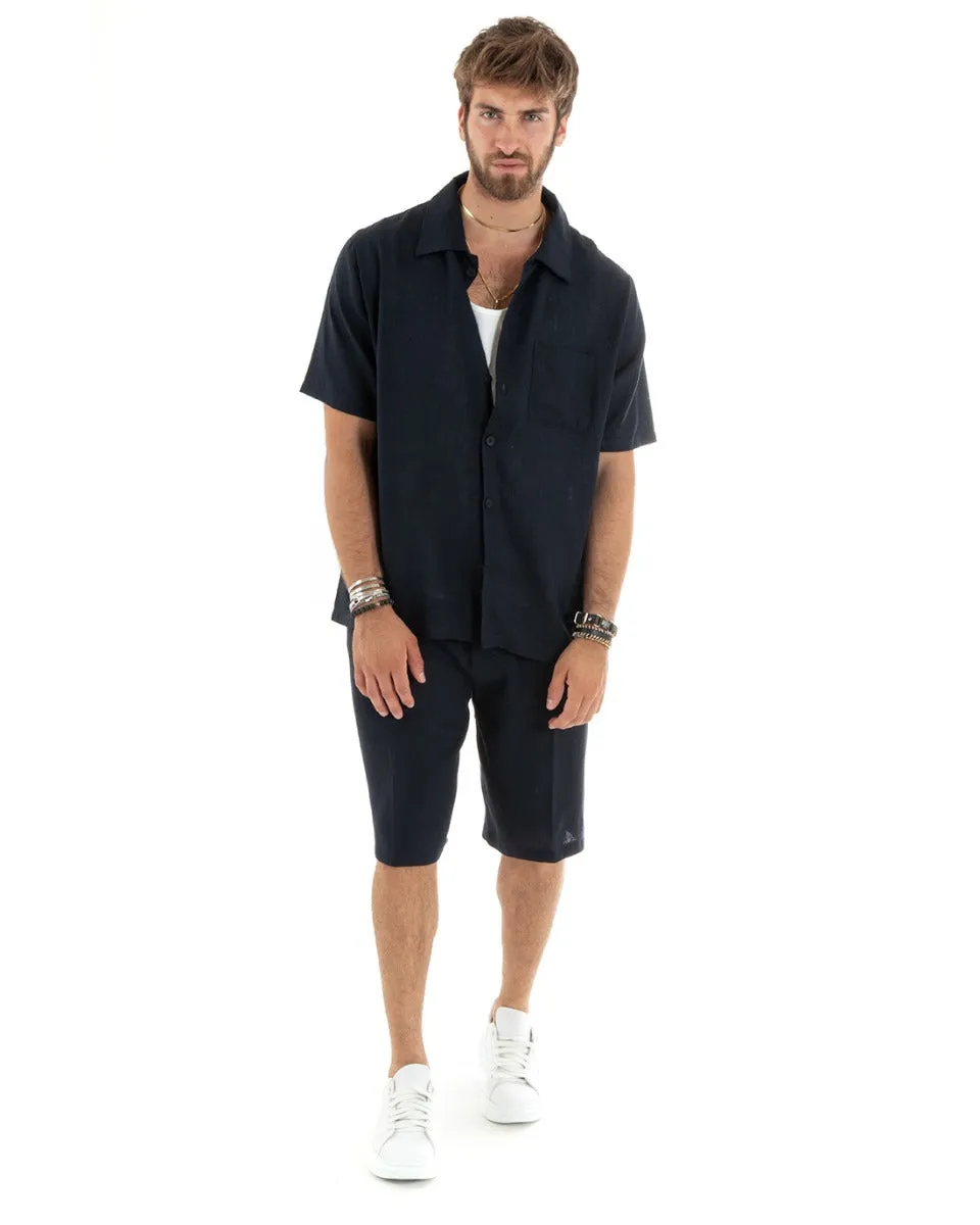 Completo Set Coordinato Uomo Lino Camicia Con Colletto Bermuda Outfit Blu GIOSAL-OU2347A