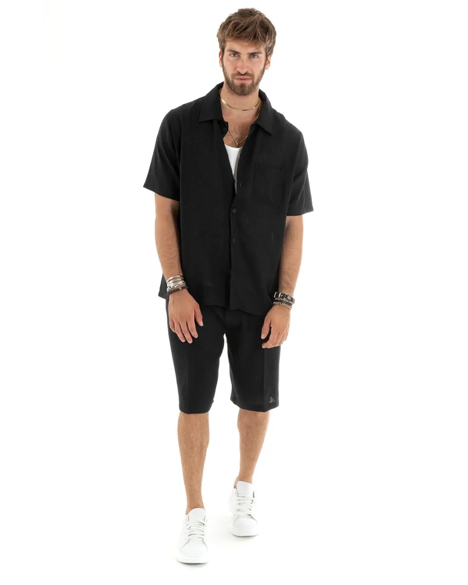 Completo Set Coordinato Uomo Lino Camicia Con Colletto Bermuda Outfit Nero GIOSAL-OU2348A