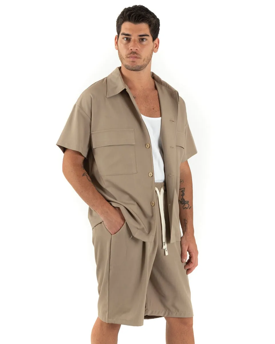 Completo Set Coordinato Uomo Viscosa Camicia Con Colletto Bermuda Outfit Camel GIOSAL-OU2375A