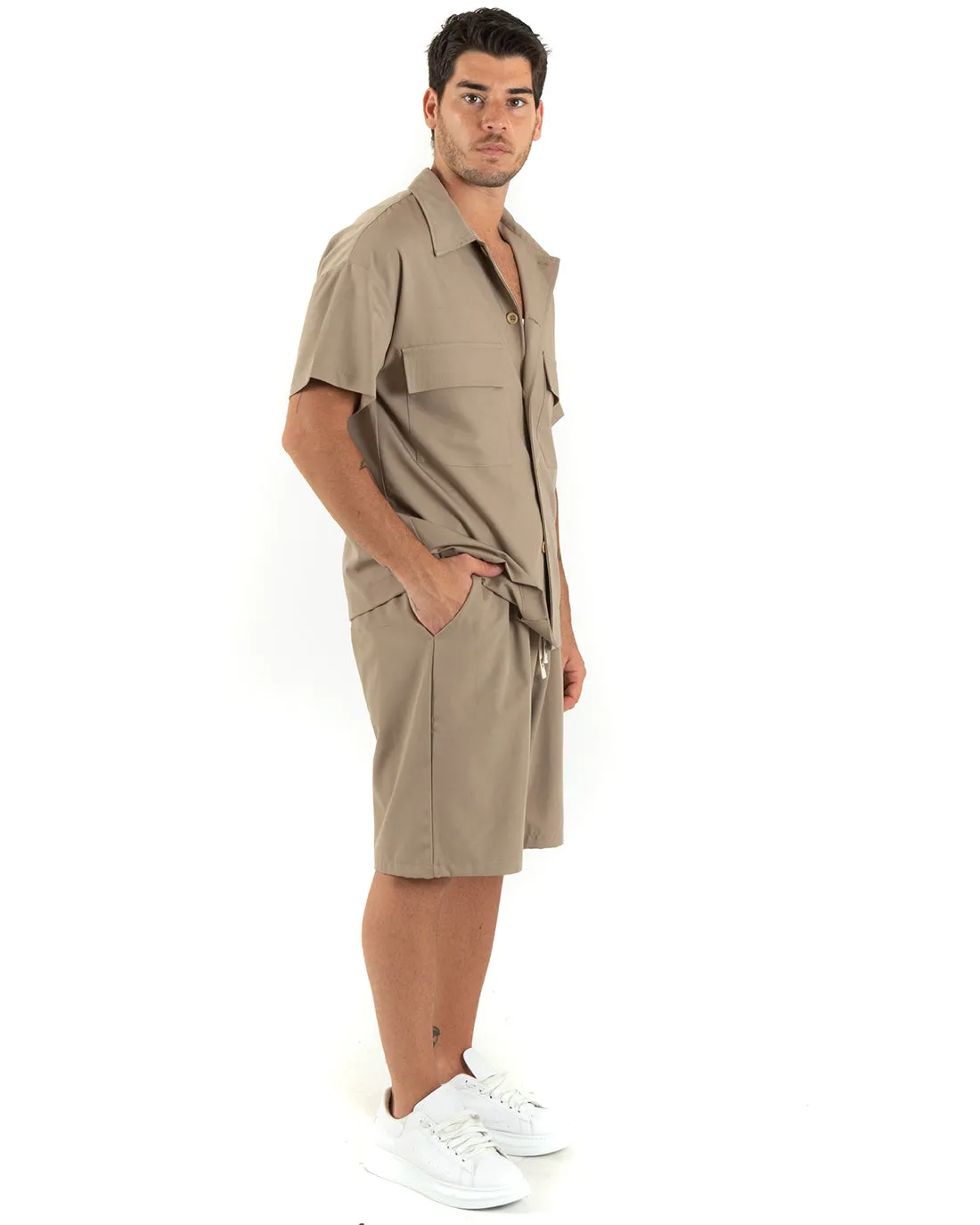 Completo Set Coordinato Uomo Viscosa Camicia Con Colletto Bermuda Outfit Camel GIOSAL-OU2375A