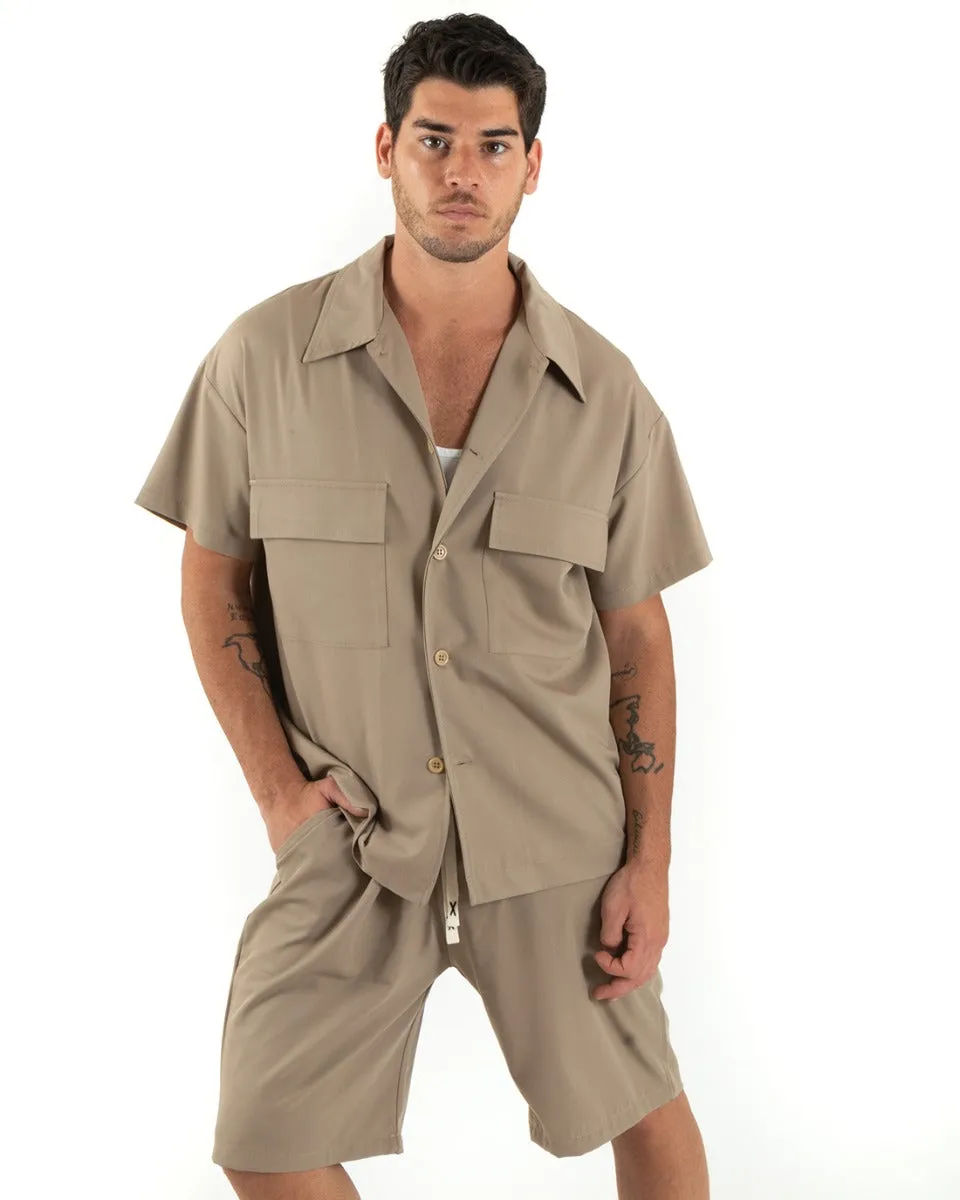 Completo Set Coordinato Uomo Viscosa Camicia Con Colletto Bermuda Outfit Camel GIOSAL-OU2375A