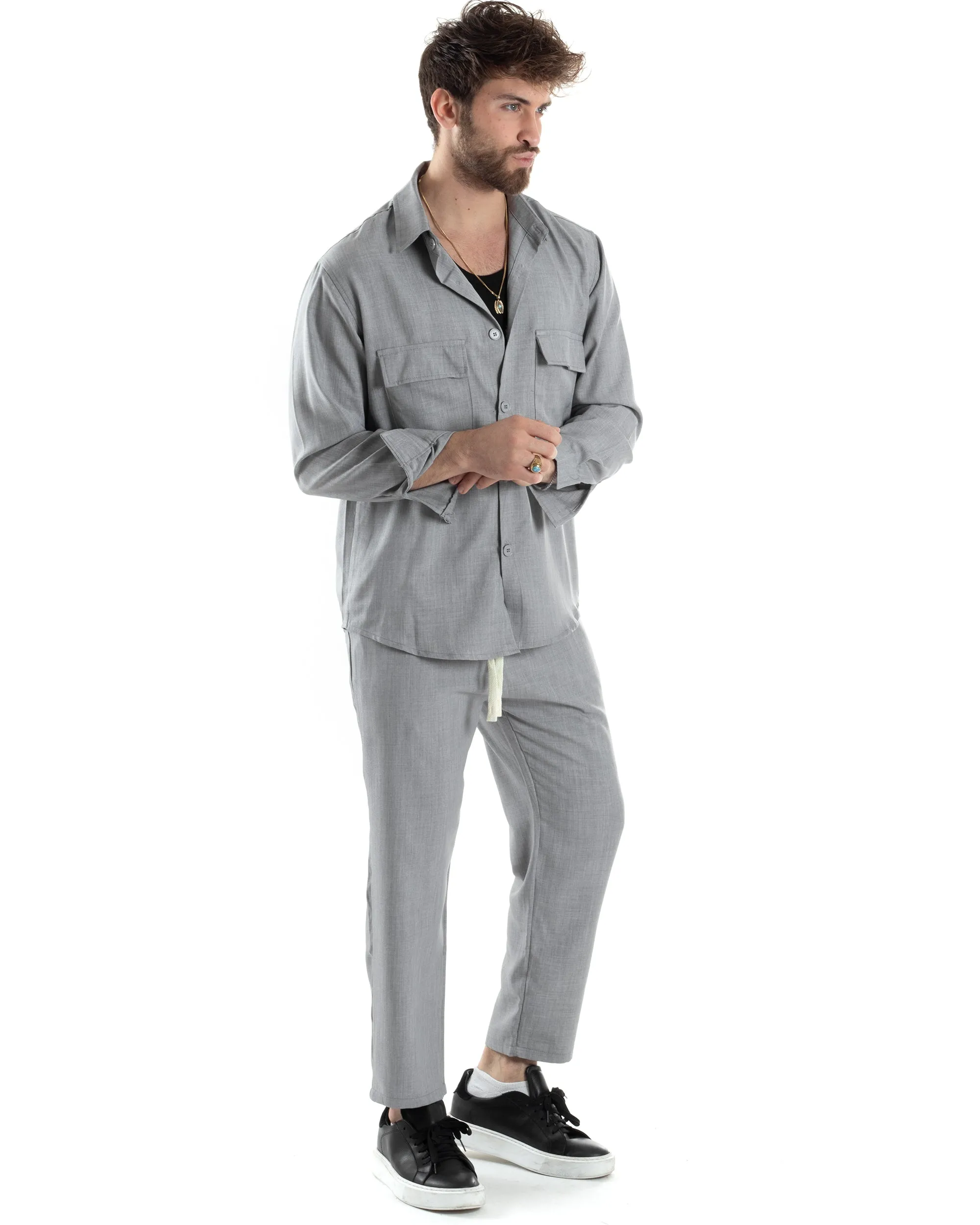 Completo Set Coordinato Uomo Viscosa Camicia Pantaloni Jogger Outfit Melangiato Grigio GIOSAL-OU2454A