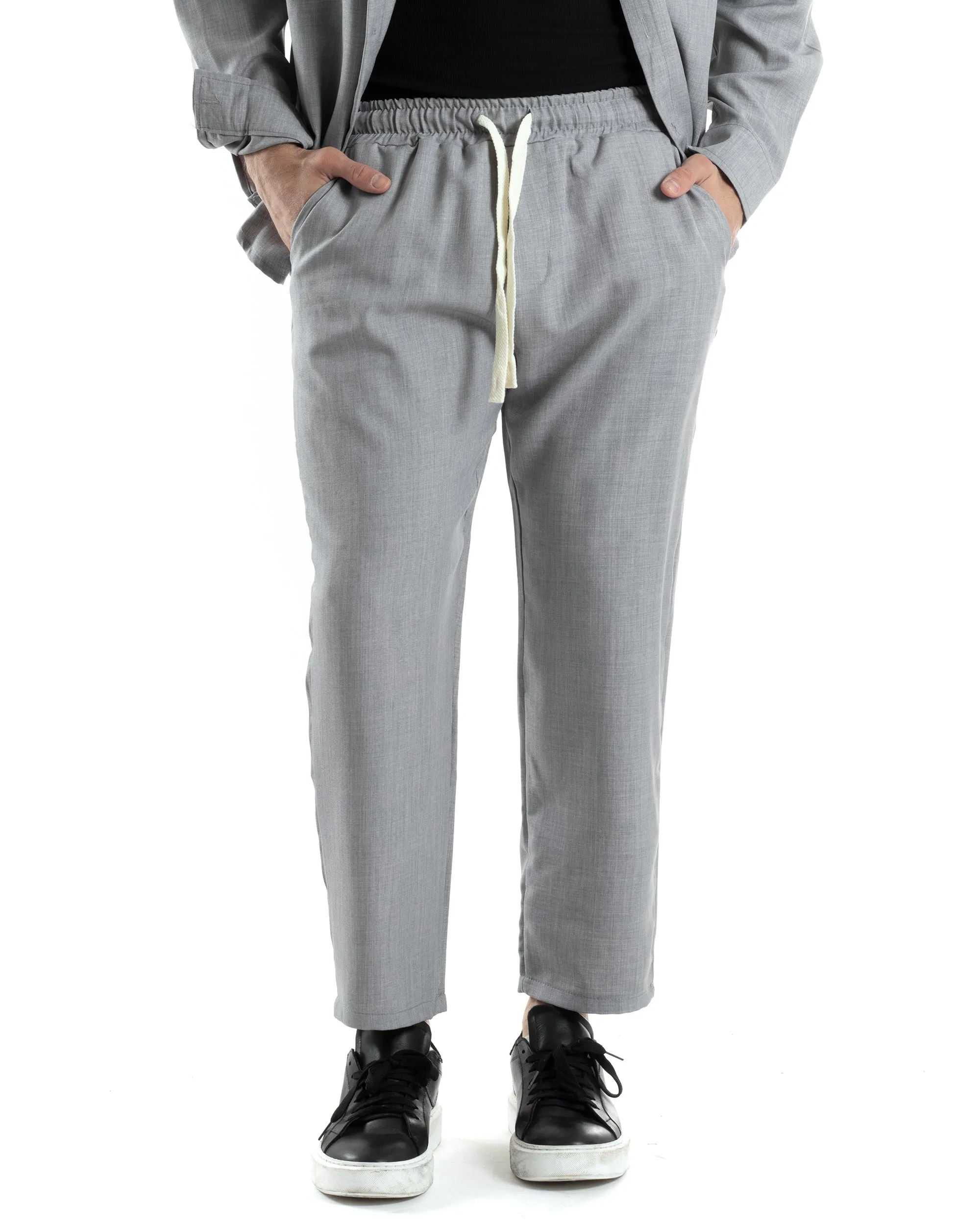 Completo Set Coordinato Uomo Viscosa Camicia Pantaloni Jogger Outfit Melangiato Grigio GIOSAL-OU2454A