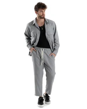 Completo Set Coordinato Uomo Viscosa Camicia Pantaloni Jogger Outfit Melangiato Grigio GIOSAL-OU2454A