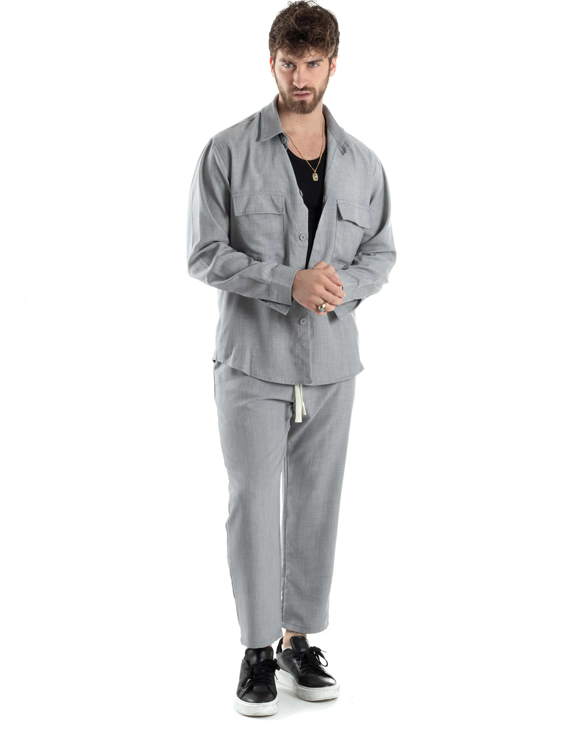 Completo Set Coordinato Uomo Viscosa Camicia Pantaloni Jogger Outfit Melangiato Grigio GIOSAL-OU2454A