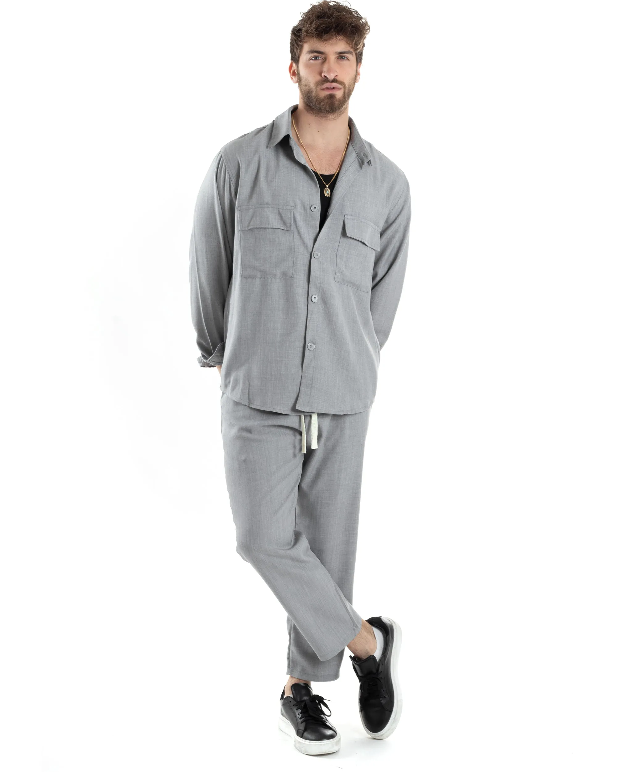 Completo Set Coordinato Uomo Viscosa Camicia Pantaloni Jogger Outfit Melangiato Grigio GIOSAL-OU2454A